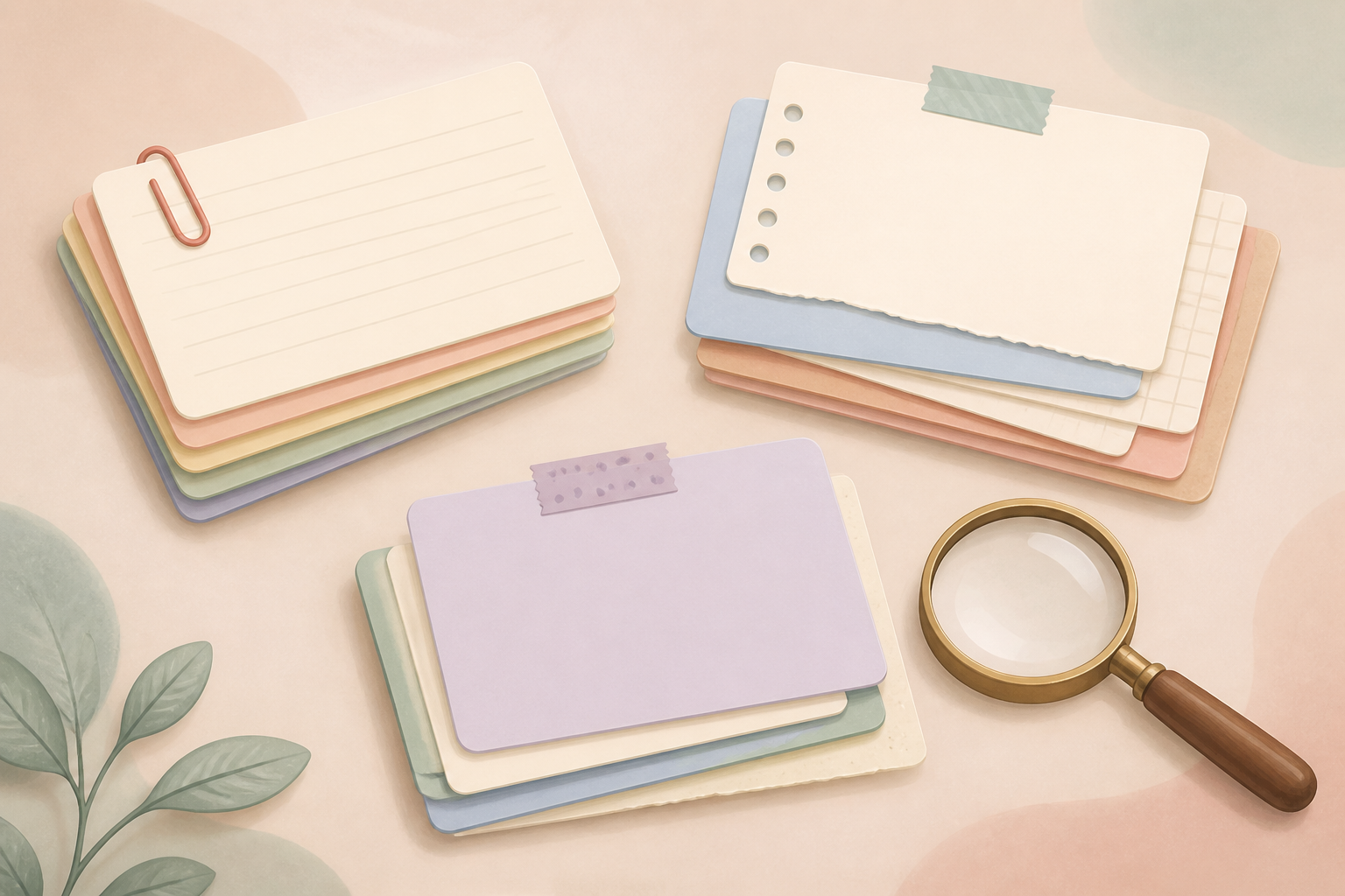 Illustration of three separate small stacks of research note cards laid out apart from each other with a magnifying glass beside them, representing a weekly roundup of ADHD research news