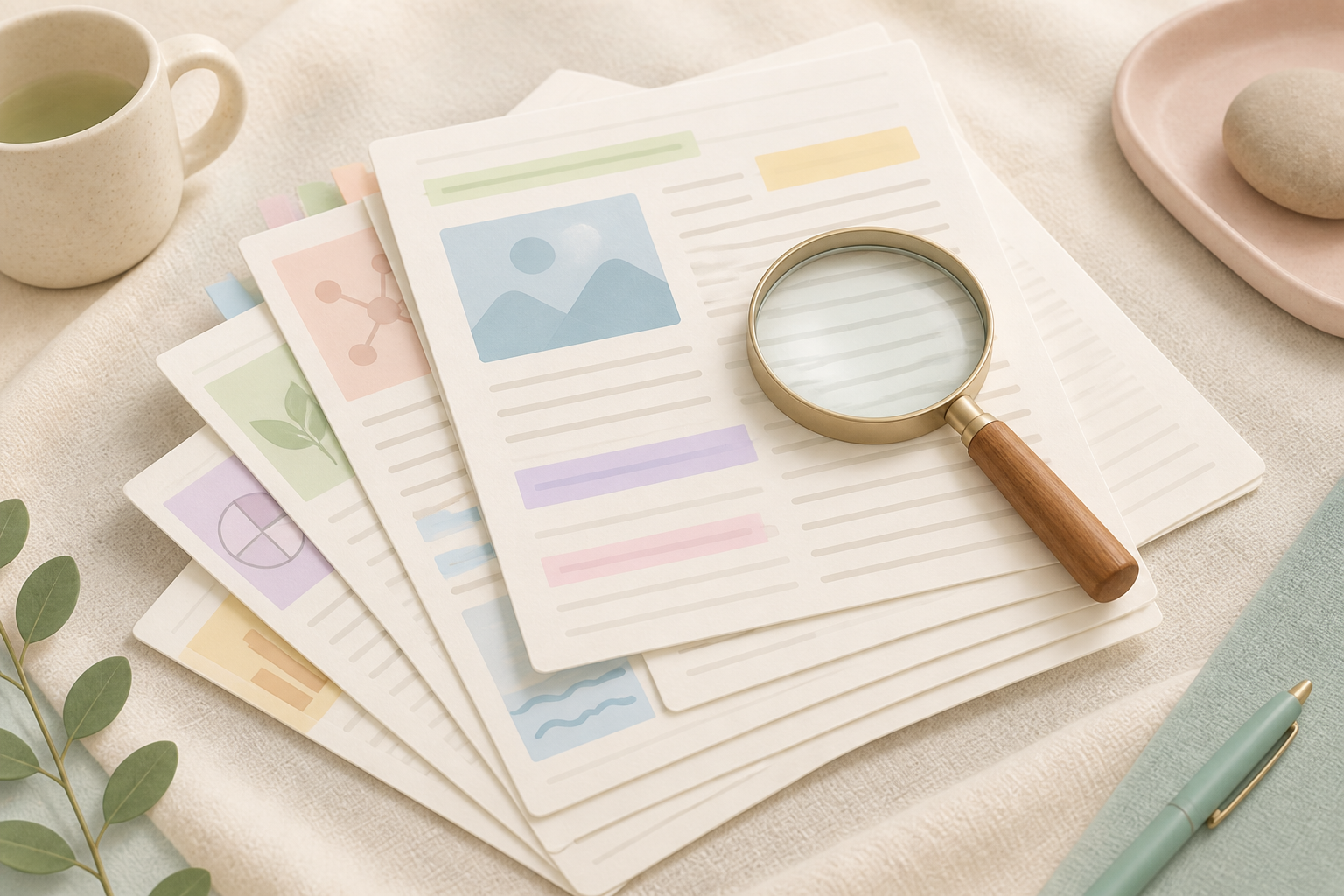 Illustration of a stack of highlighted research article cards fanned out with a magnifying glass resting on top, representing a weekly roundup of ADHD research news