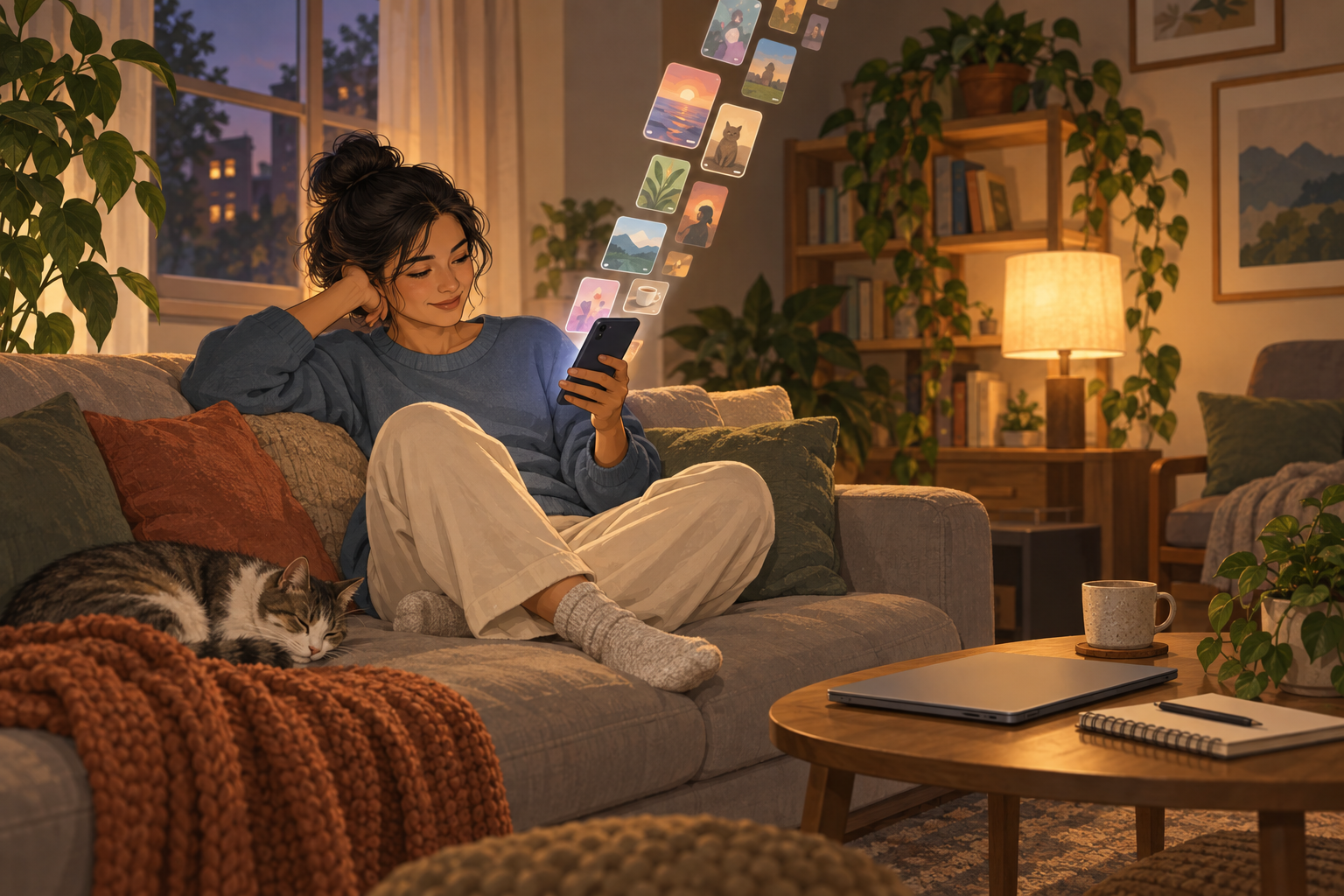 Person scrolling short videos on a phone in a warm living room, with a closed laptop and notebook nearby