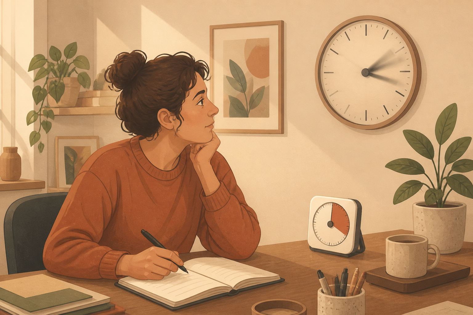 Redaktionelle Illustration einer Person am Schreibtisch, die auf eine Wanduhr und einen visuellen Countdown-Timer blickt.