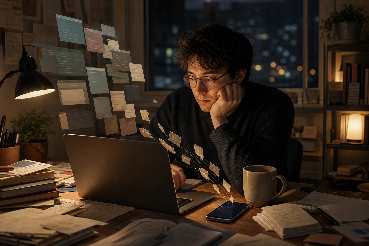 A developer at a late-night desk surrounded by notes and digital fragments, capturing a thought on their phone