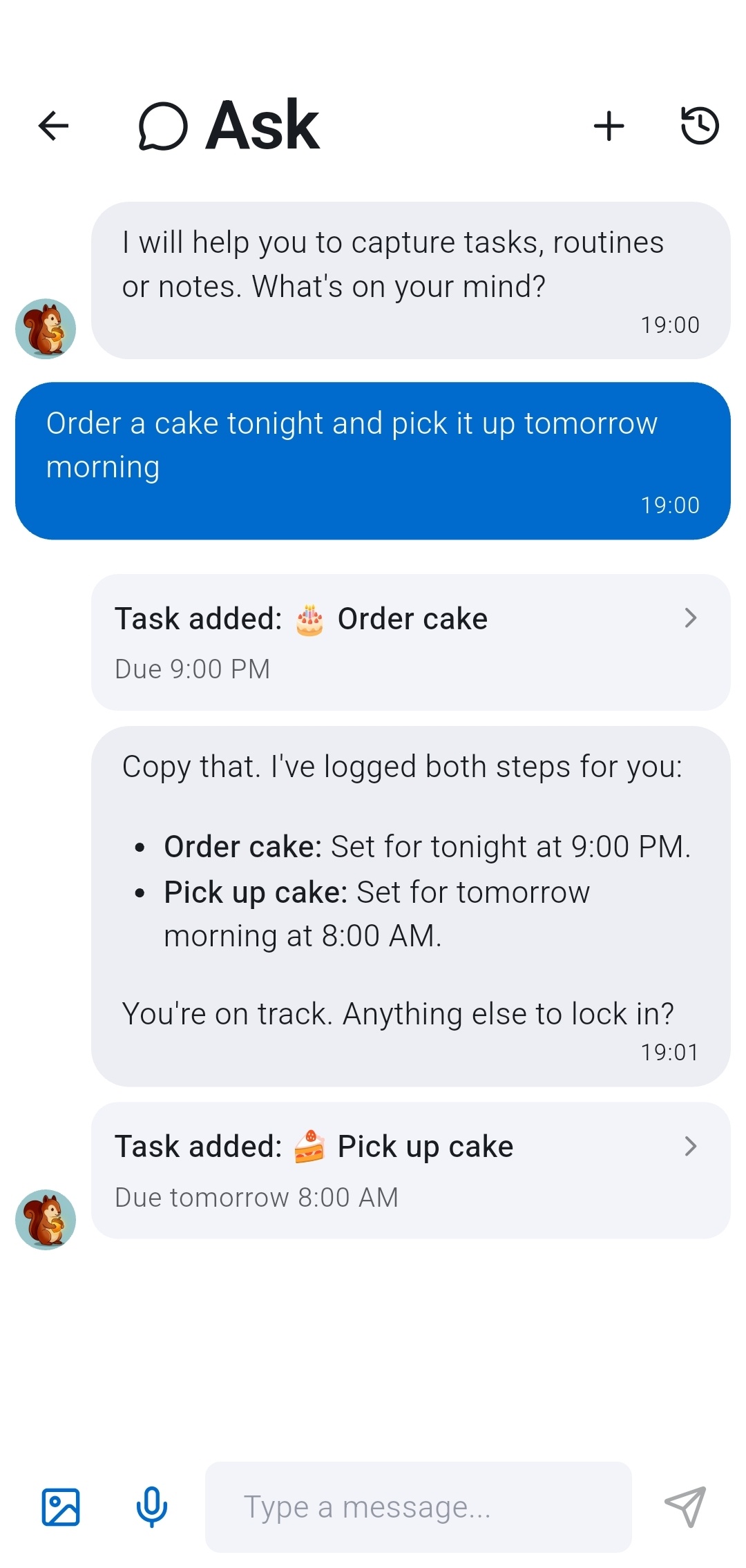 Recordo AI chat screen showing a user message Order a cake tonight and pick it up tomorrow morning, with the AI creating two separate tasks with correct due dates - demonstrating how a single messy thought becomes structured actionable tasks in seconds
