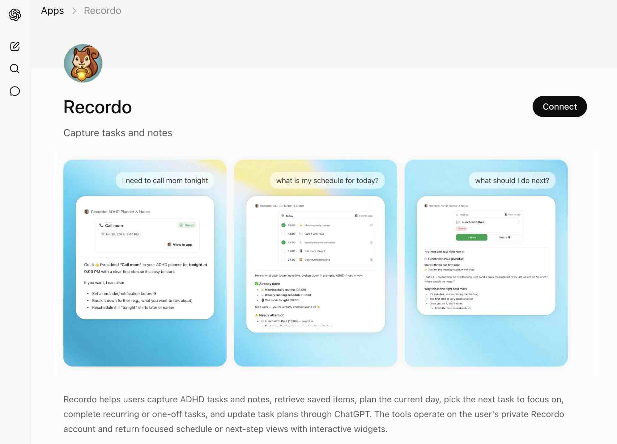 Recordo shown in the ChatGPT app directory gallery