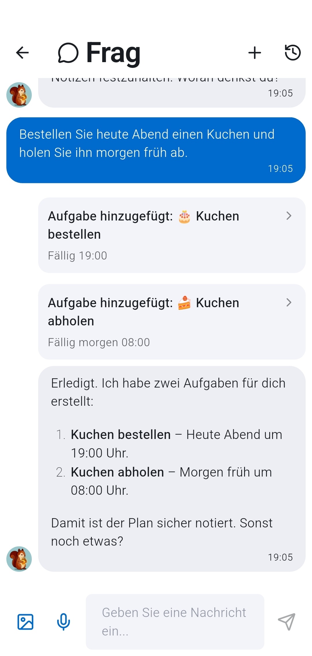 Recordo KI-Chat zeigt Nutzernachricht Kuchen bestellen heute Abend und morgen abholen, wobei die KI zwei separate Aufgaben mit korrekten Fälligkeitszeiten erstellt - Erfassen-zuerst-Workflow, bei dem unordentliche Eingabe automatisch zu organisierten Aufgaben wird