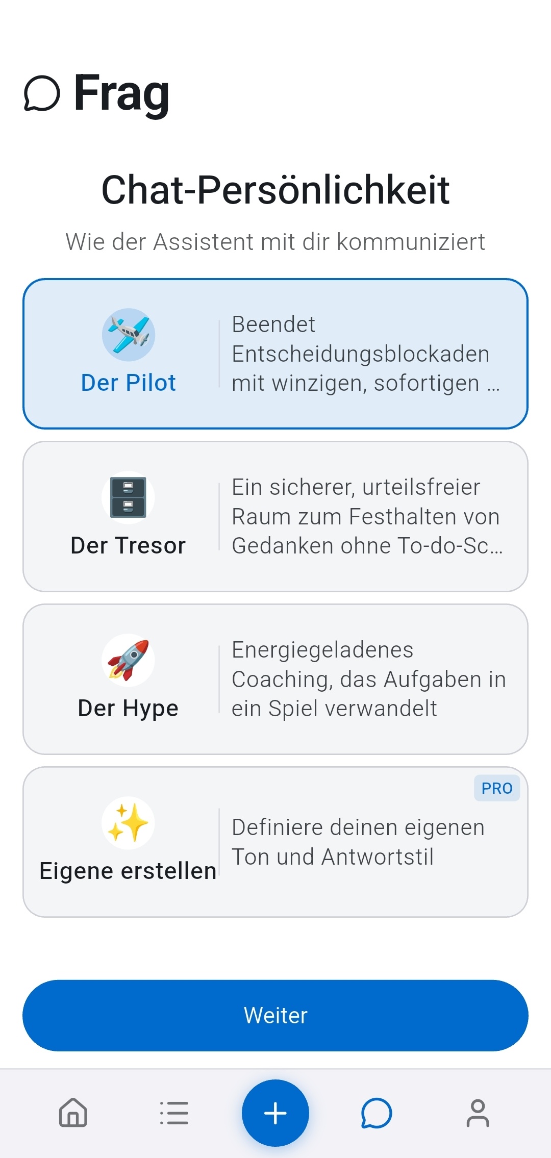 Auswahl der Chat-Persoenlichkeit in Recordo