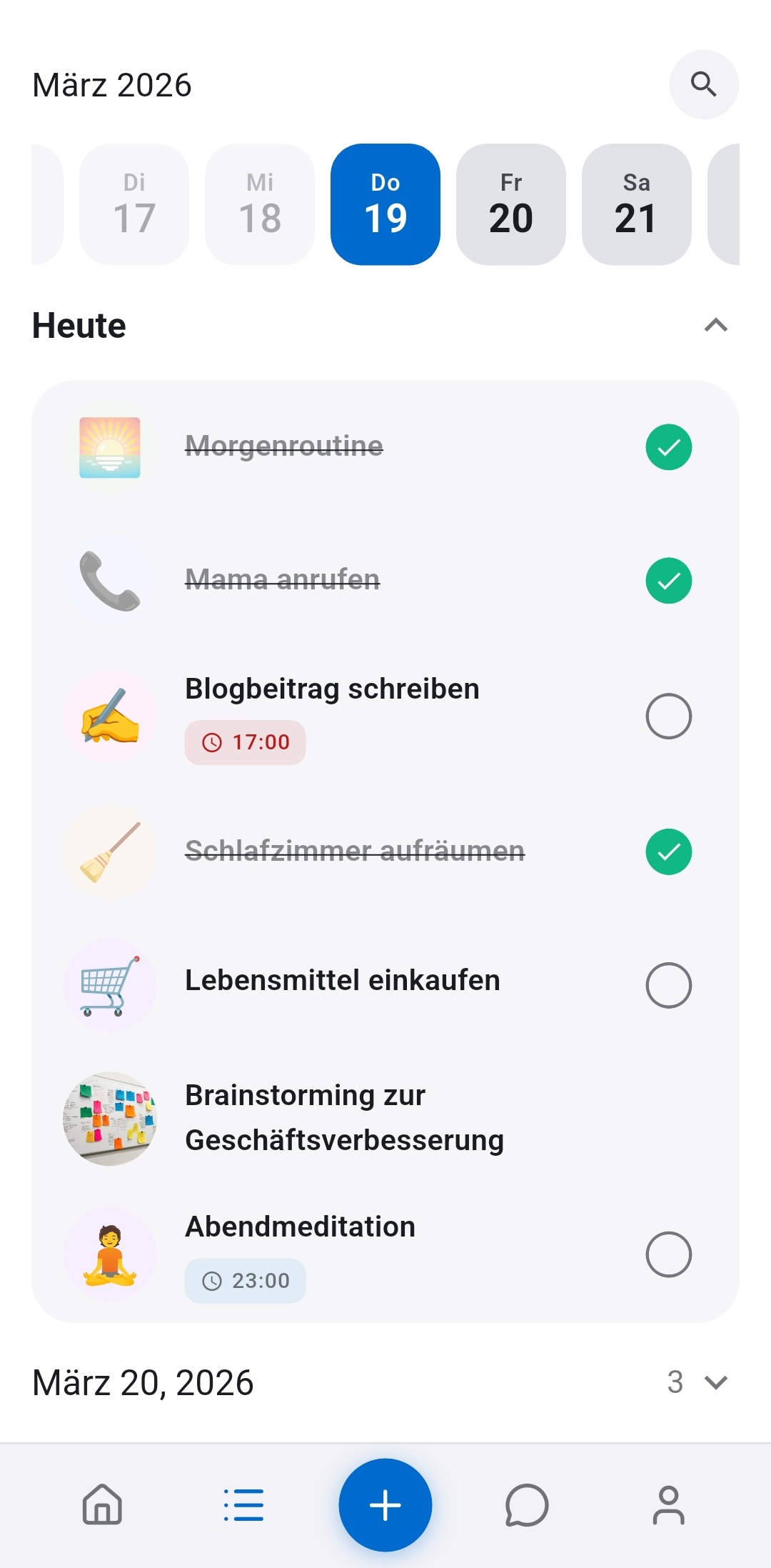 Recordo Aufgabenliste mit Tagesansicht, in der die Morgenroutine abgehakt ist neben anderen Aufgaben &mdash; Routinen werden automatisch fortgeschrieben ohne Serien-Schuldgef&uuml;hle