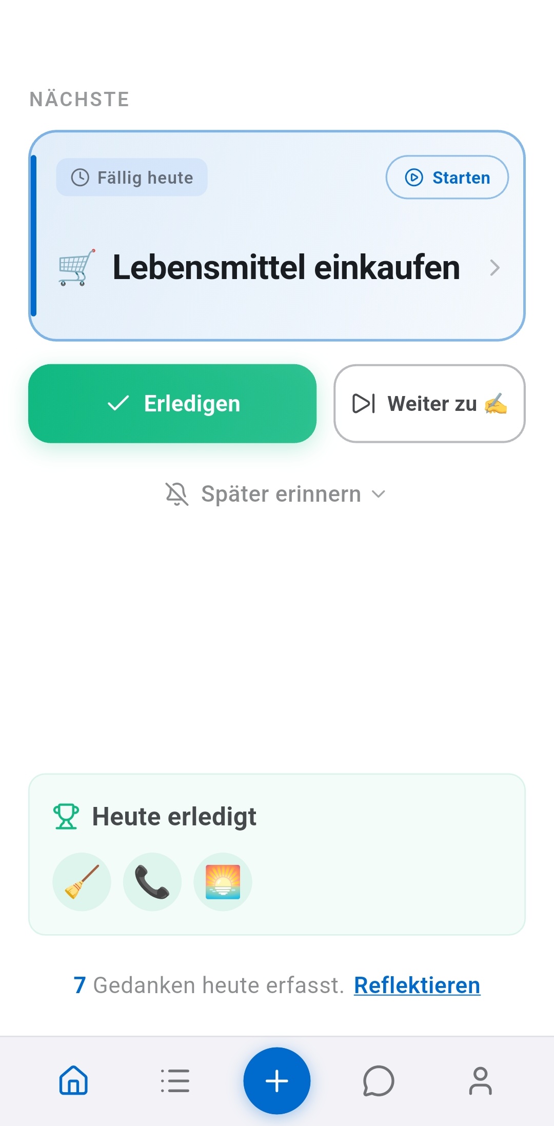 Recordo ADHS-App Startbildschirm zeigt nur eine Aufgabe mit Erledigen- und &Uuml;berspringen-Buttons &mdash; entwickelt um Entscheidungsm&uuml;digkeit aus deiner Morgenroutine zu entfernen
