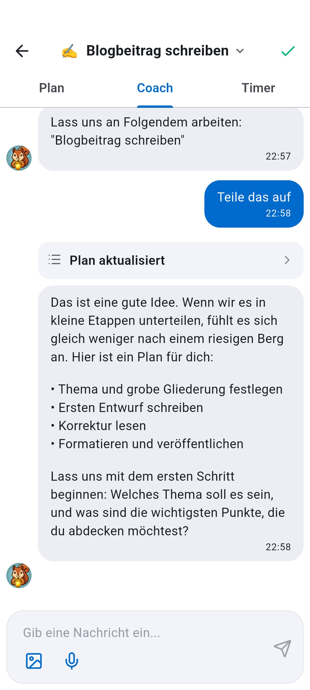 Recordo Momentum-Modus Coach-Tab zeigt ein KI-Gespr&auml;ch, das eine Aufgabe in kleinere Schritte aufteilt mit Plan-, Coach- und Timer-Tabs &mdash; hilft dir, wieder auf Kurs zu kommen, wenn du mitten in der Routine steckenbleibst