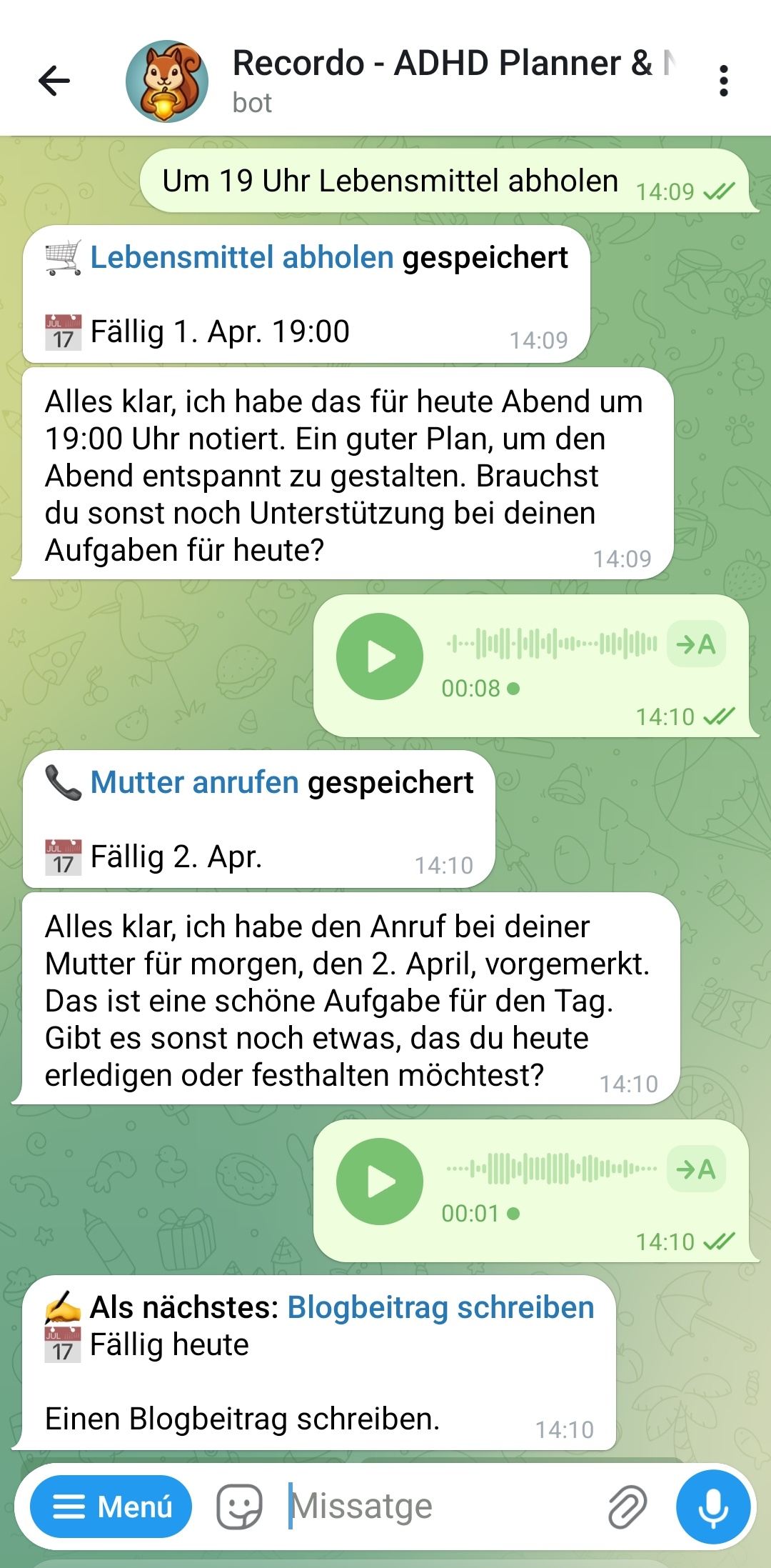 Telegram-Chat mit dem Recordo ADHD Planner Bot: Nutzer sagt Lebensmittel abholen um 19 Uhr und Mutter anrufen per Sprachnachricht, Bot bestätigt jede Aufgabe mit Fälligkeitsdatum und zeigt die nächste Aufgabe mit Erledigt- und Momentum-Modus-Buttons