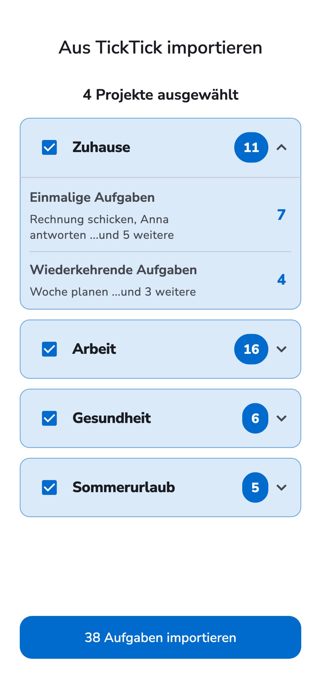 Recordo-Bildschirm „Aus TickTick importieren“: vier TickTick-Listen mit Aufgabenzahl, alle ausgewählt, die erste aufgeklappt mit einmaligen und wiederkehrenden Aufgaben, und eine Schaltfläche „38 Aufgaben importieren“.