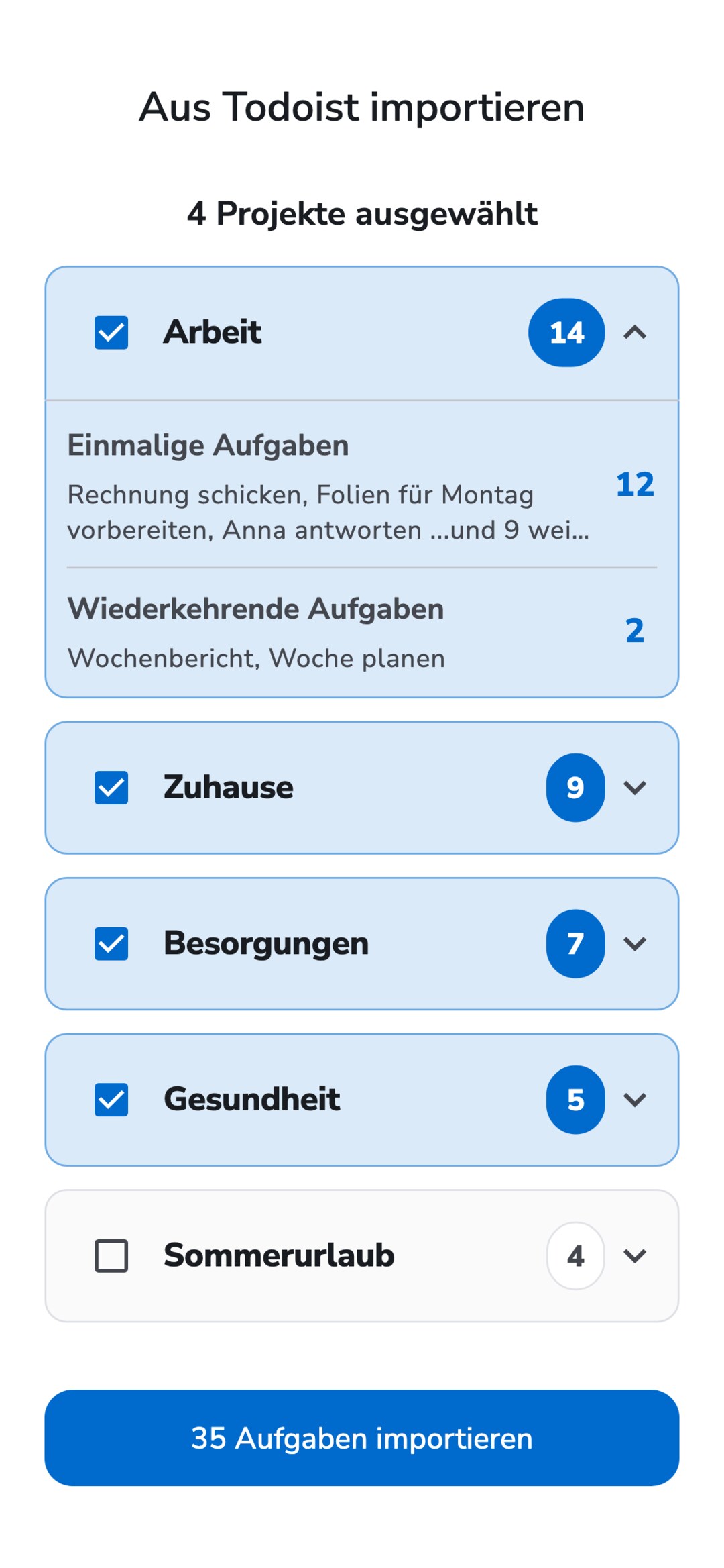 Recordo-Bildschirm „Aus Todoist importieren“: fünf Todoist-Projekte mit Aufgabenzahl, vier davon ausgewählt, das Projekt Arbeit aufgeklappt mit einmaligen und wiederkehrenden Aufgaben, darunter der Button „35 Aufgaben importieren“.