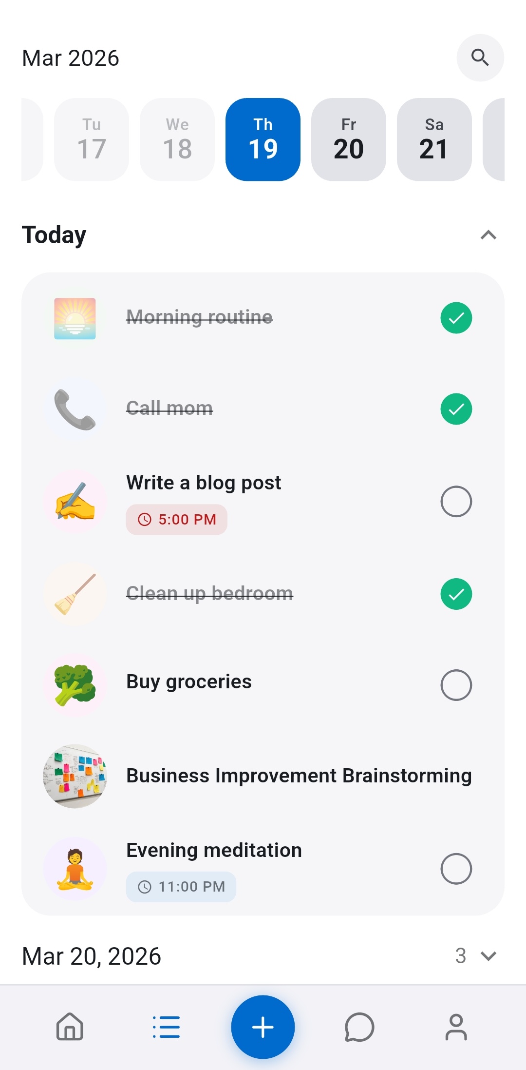 Recordo task list showing a day view with Morning routine checked off alongside other tasks - routines roll forward automatically with no streak guilt