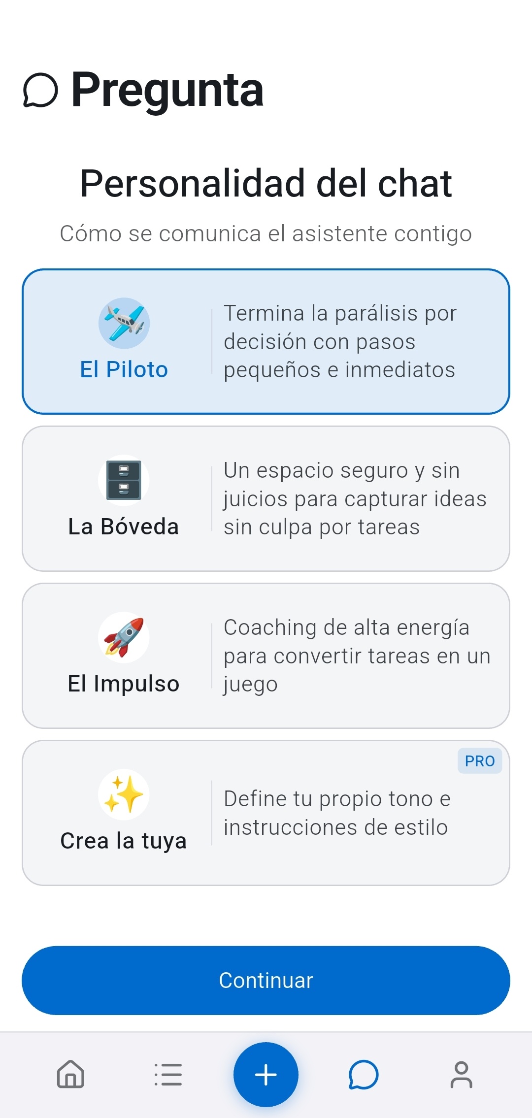 Selector de personalidad del chat en Recordo