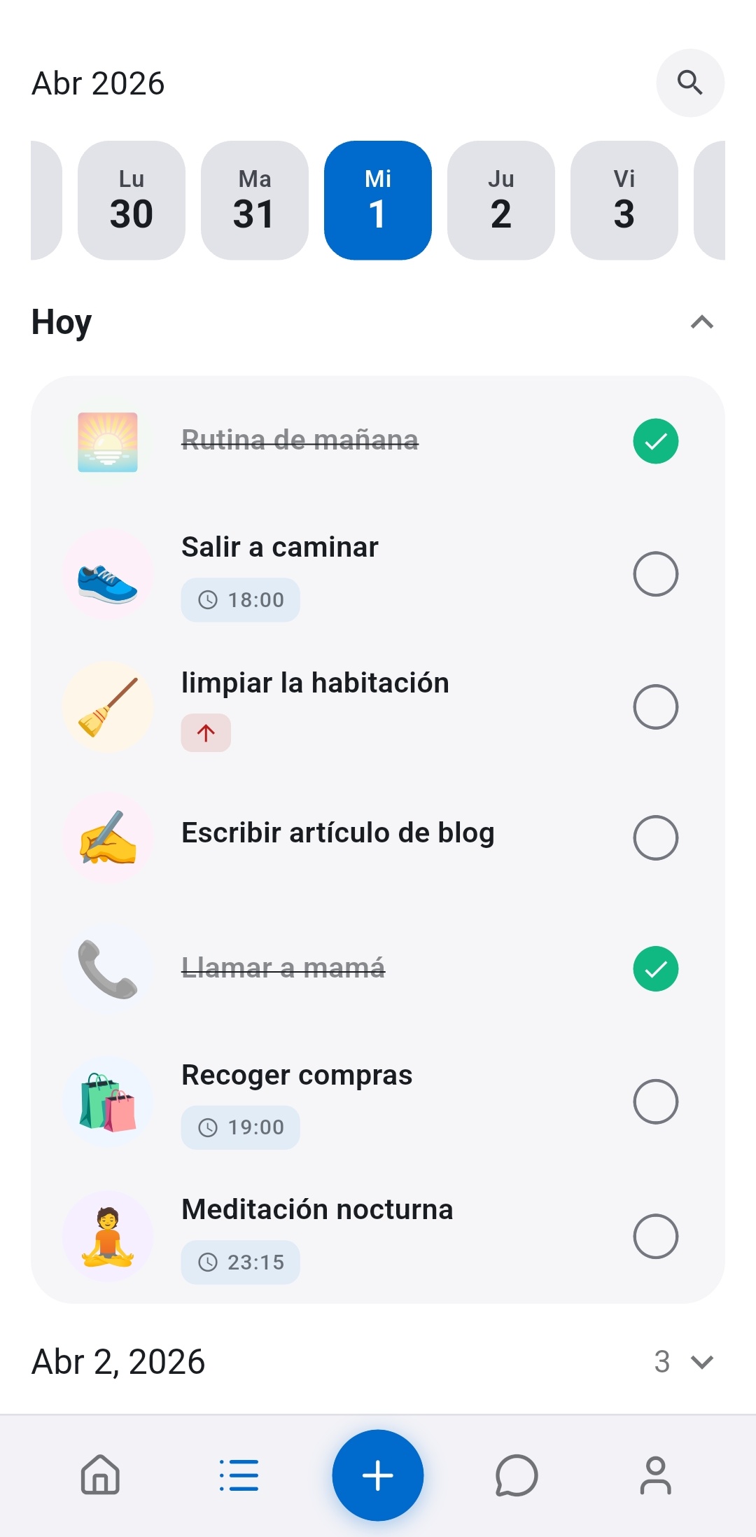Lista de tareas de Recordo mostrando una vista diaria con la rutina matutina completada junto a otras tareas - las rutinas avanzan automáticamente sin culpa por las rachas