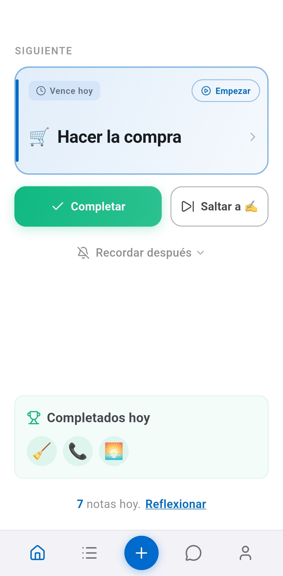 Pantalla de inicio de la app Recordo TDAH mostrando una sola tarea a la vez con botones Completar y Saltar - diseñada para eliminar la fatiga de decisión de tu rutina matutina
