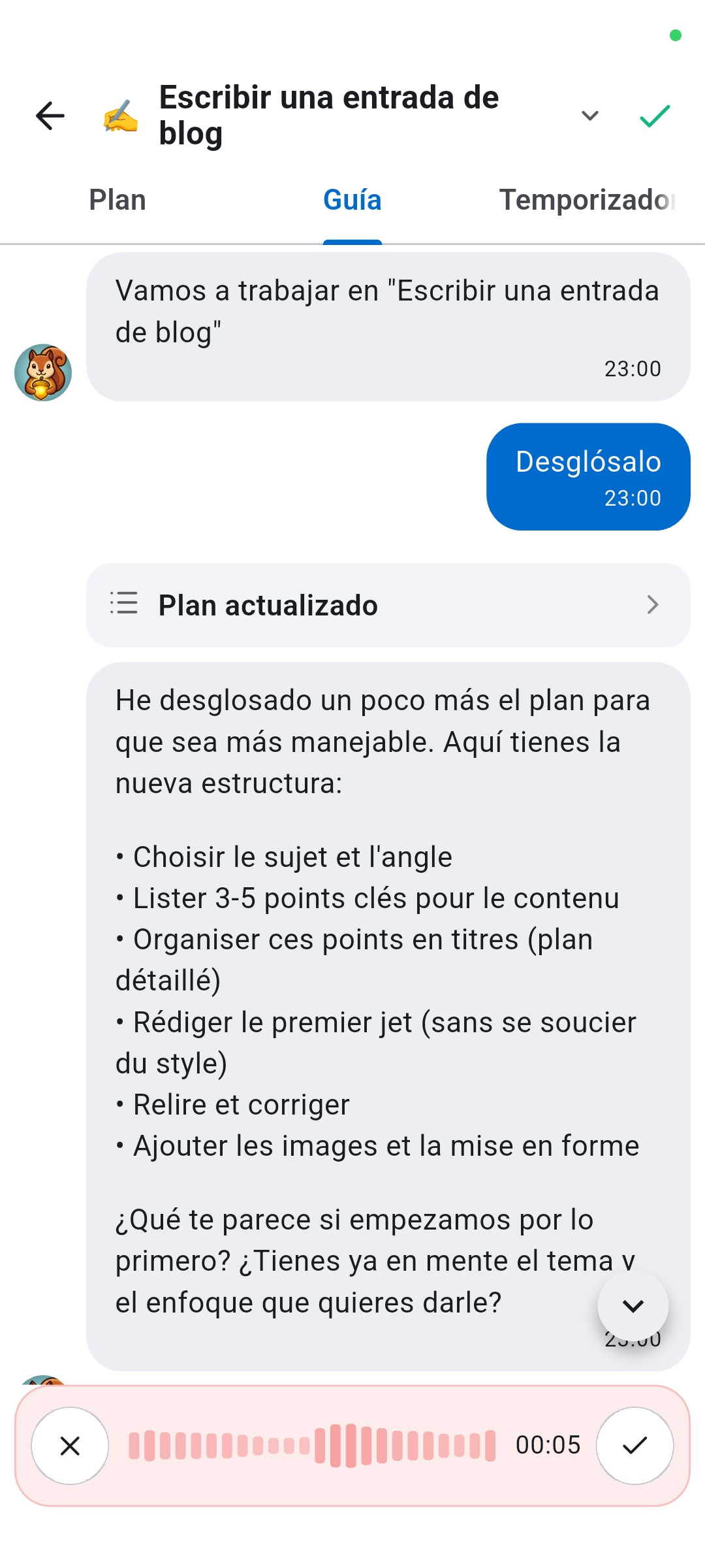 Pestaña Coach del Modo Momentum de Recordo mostrando una conversación con IA que desglosa una tarea en pasos más pequeños, con pestañas Plan, Coach y Temporizador - te ayuda a retomar el rumbo cuando te atascas a mitad de la rutina