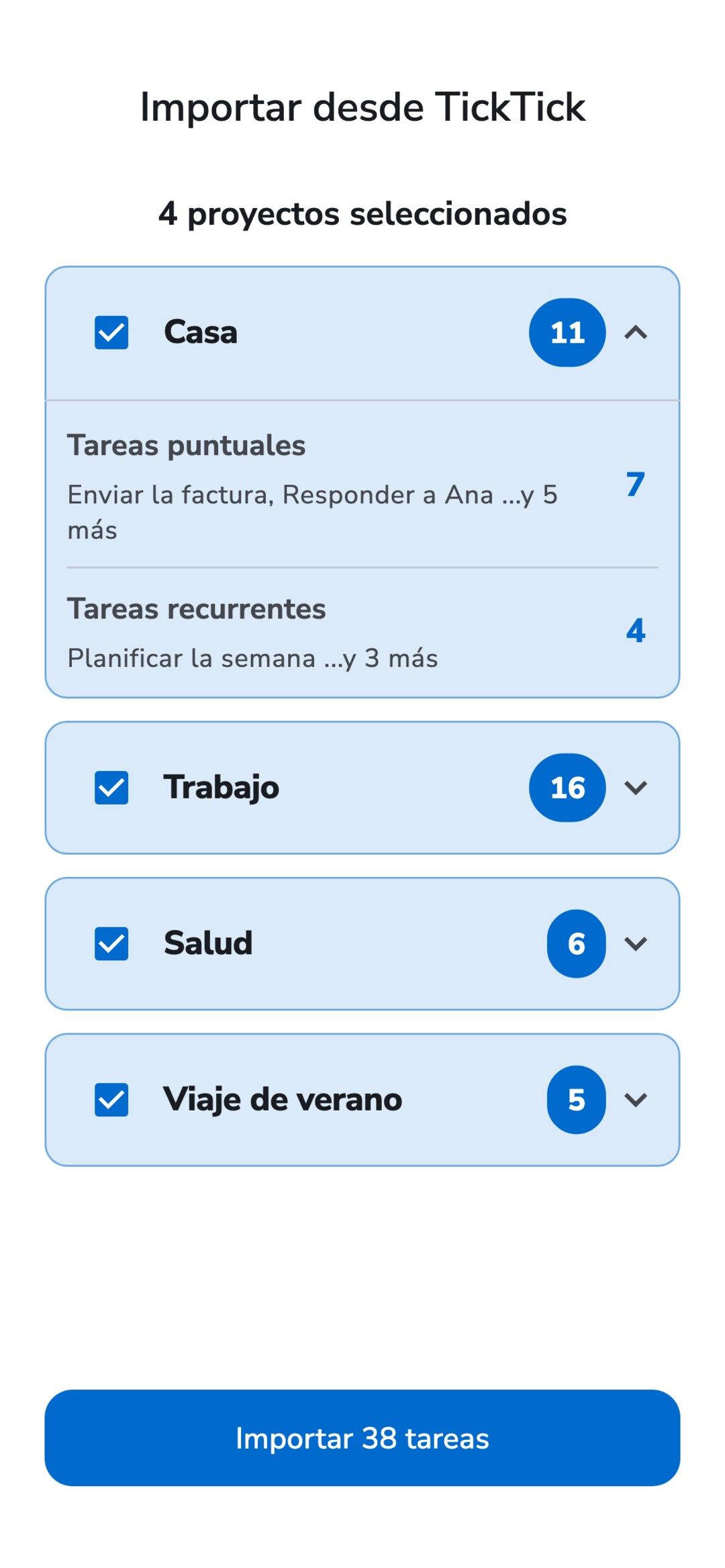 Pantalla Importar desde TickTick de Recordo: cuatro listas de TickTick con su número de tareas, todas seleccionadas, la primera abierta con tareas puntuales y recurrentes, y un botón Importar 38 tareas.