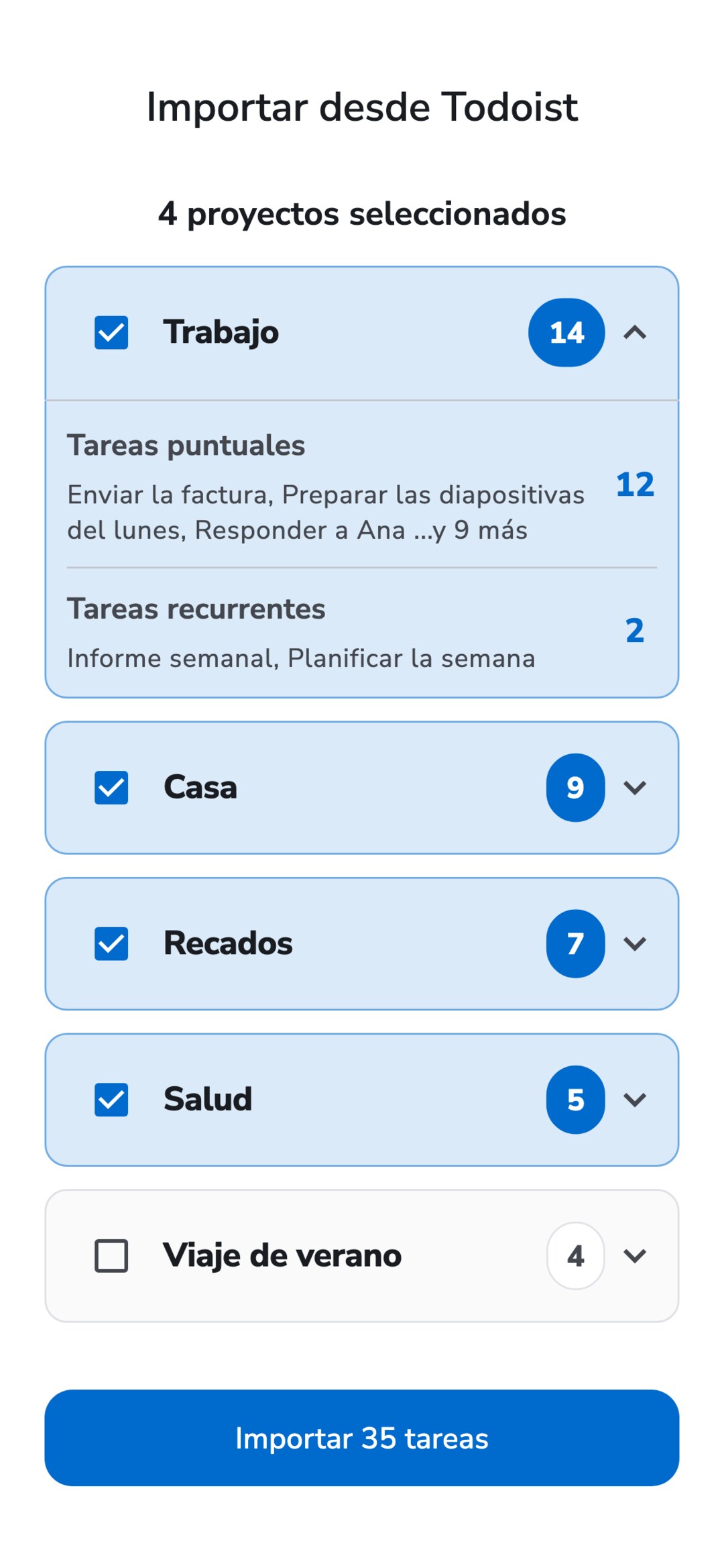 Pantalla «Importar desde Todoist» de Recordo: cinco proyectos de Todoist con su número de tareas, cuatro seleccionados, el proyecto Trabajo desplegado con tareas puntuales y recurrentes, y el botón «Importar 35 tareas».