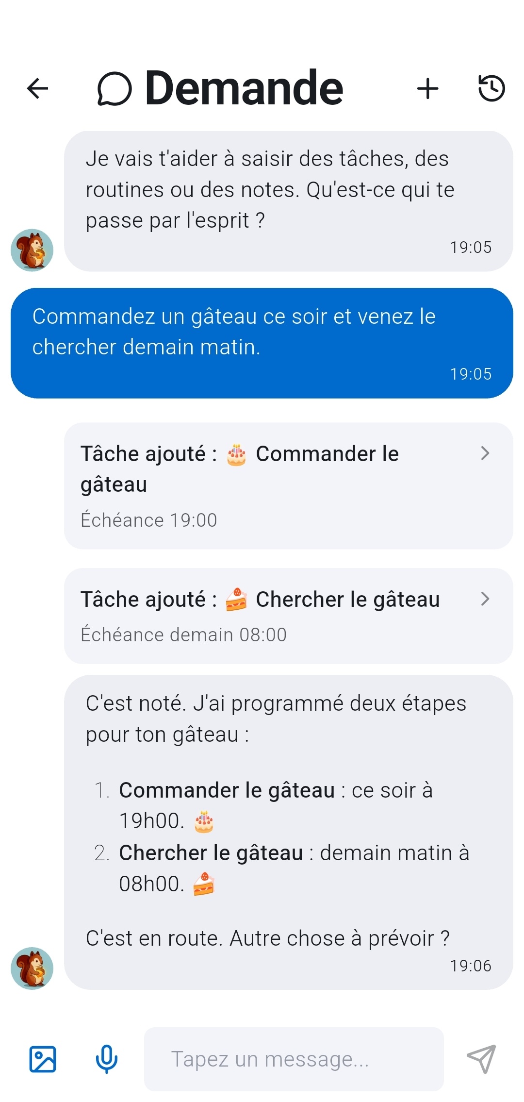 Chat IA de Recordo montrant un message utilisateur Commandez un gâteau ce soir et venez le chercher demain matin, l'IA créant deux tâches séparées avec les bonnes dates - flux capture d'abord où une saisie désordonnée devient automatiquement des tâches organisées