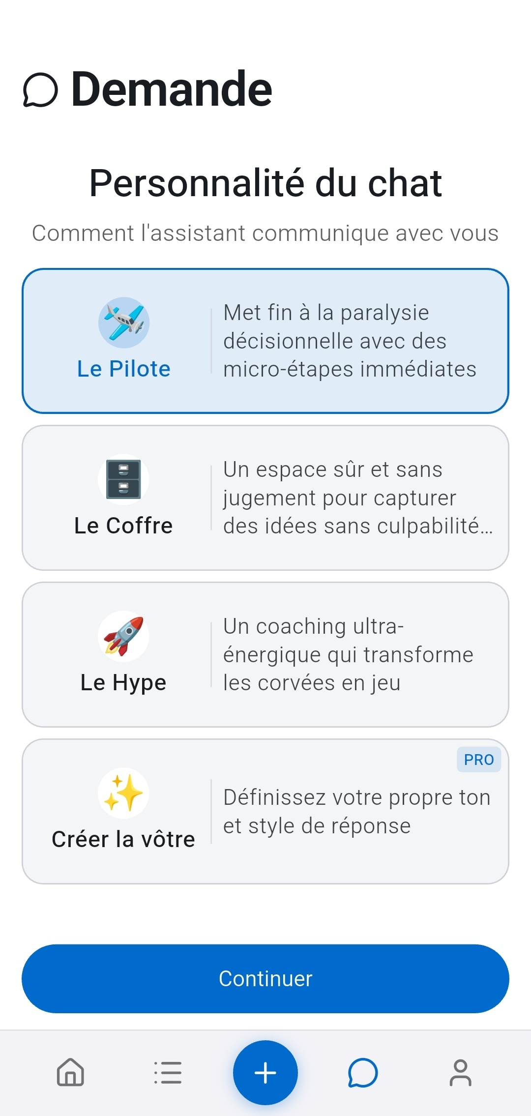 Selecteur de personnalite du chat dans Recordo