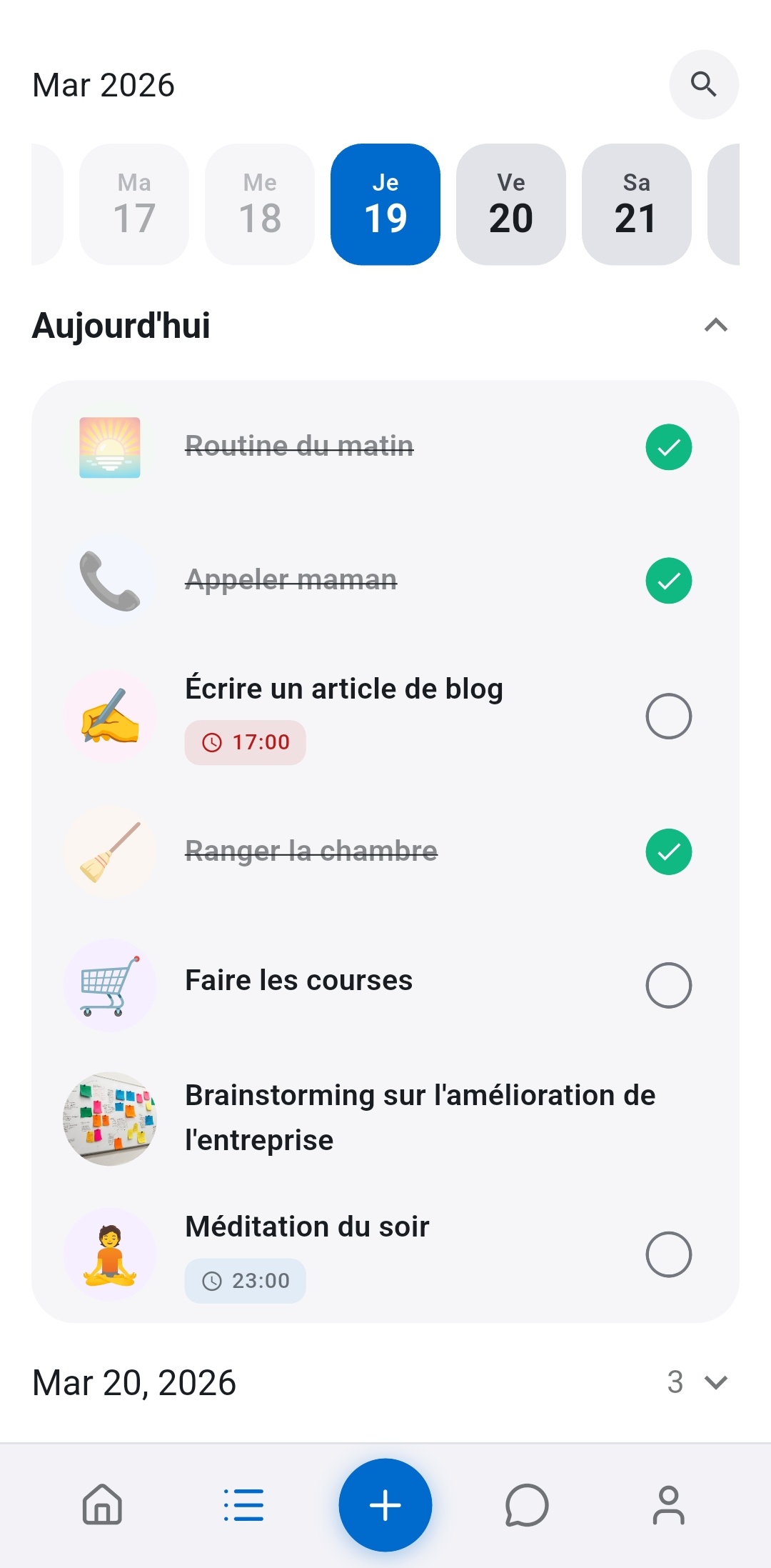 Liste de t&acirc;ches Recordo montrant une vue du jour avec la routine du matin coch&eacute;e &agrave; c&ocirc;t&eacute; d'autres t&acirc;ches &mdash; les routines avancent automatiquement sans culpabilit&eacute; de s&eacute;rie