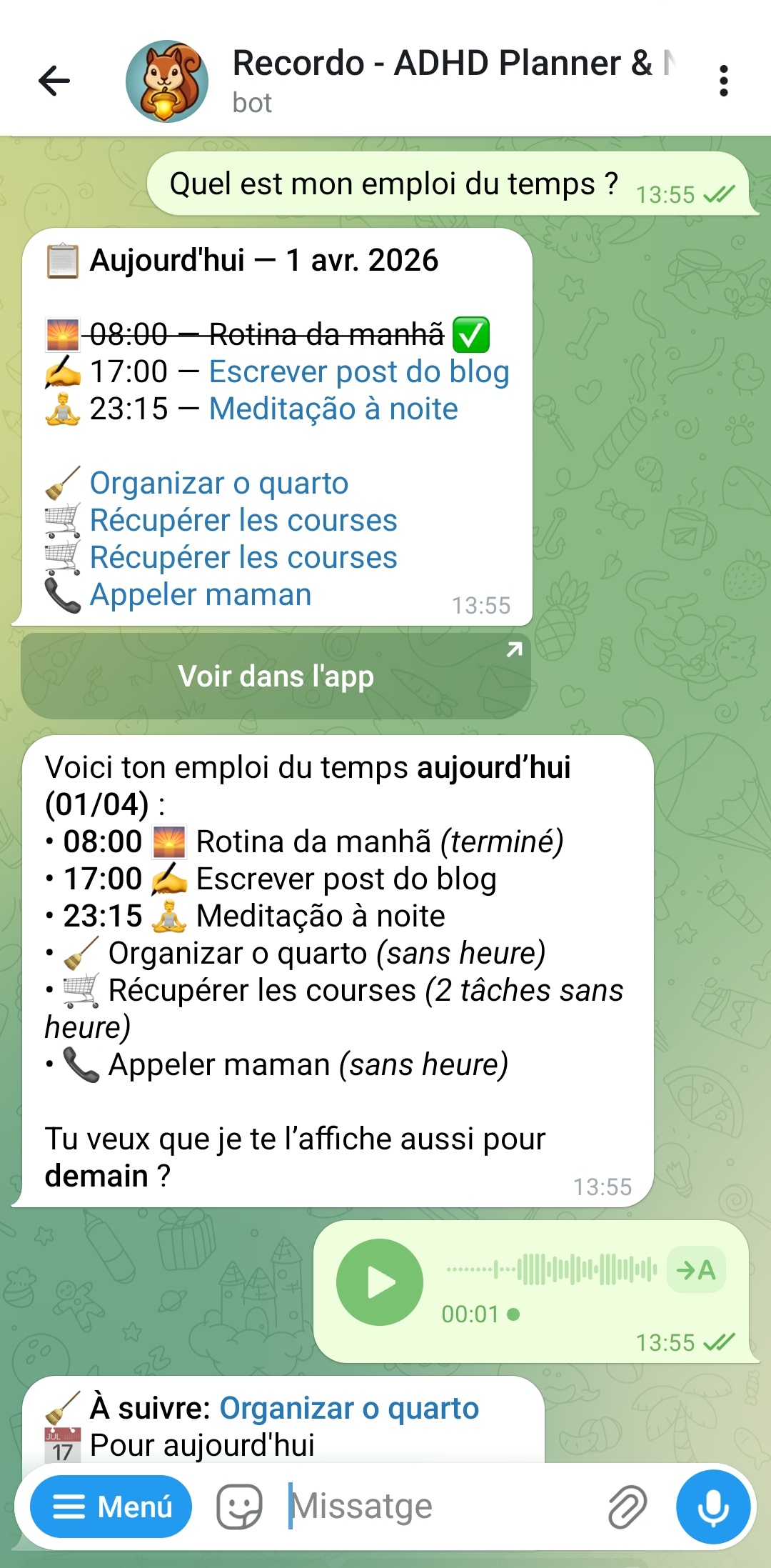 Chat Telegram avec le bot Recordo montrant une carte d'emploi du temps pour le 1er avril 2026 avec des tâches comme Routine du matin terminée, Récupérer les courses à 19h00, Méditation du soir à 23h15 et Écrire un article de blog sans heure fixe - le bot suggère par quoi commencer