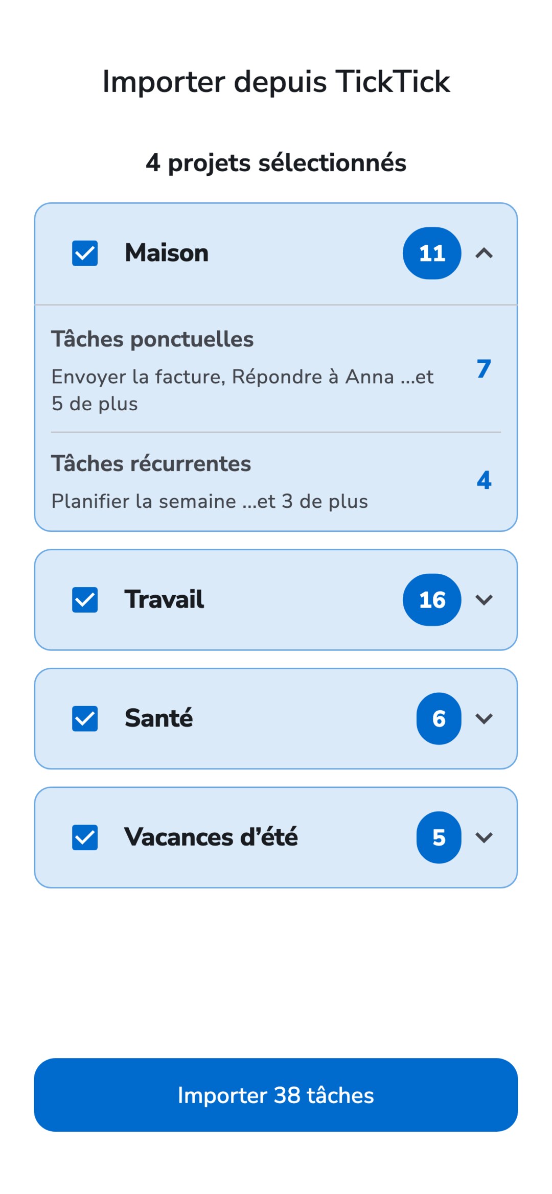 Écran Importer depuis TickTick de Recordo : quatre listes TickTick avec leur nombre de tâches, toutes sélectionnées, la première ouverte sur les tâches ponctuelles et récurrentes, et un bouton Importer 38 tâches.