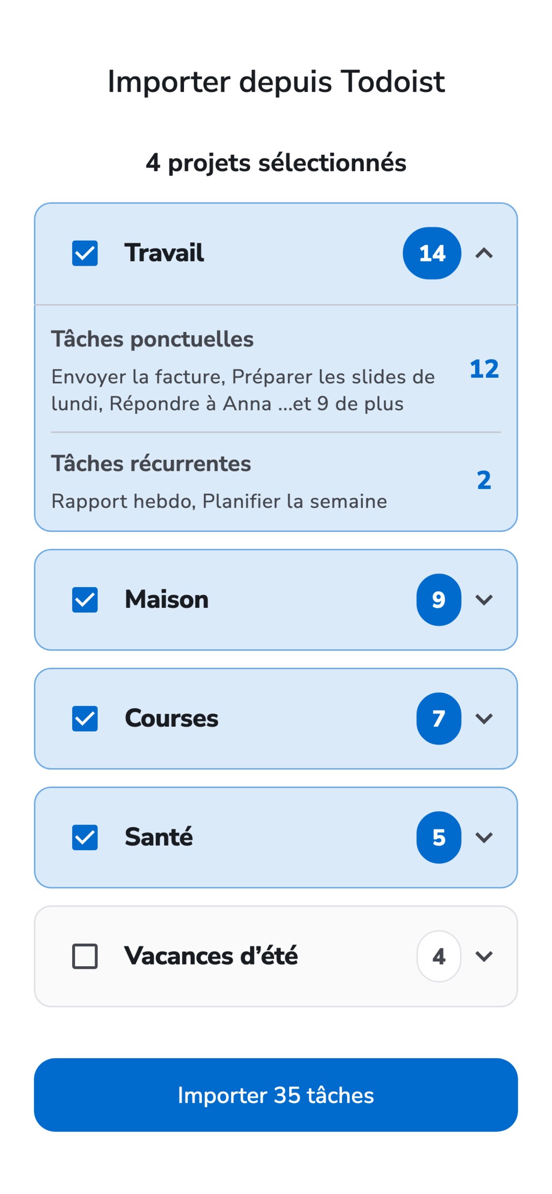 Écran « Importer depuis Todoist » de Recordo : cinq projets Todoist avec leur nombre de tâches, quatre sélectionnés, le projet Travail déplié avec ses tâches ponctuelles et récurrentes, et le bouton « Importer 35 tâches ».
