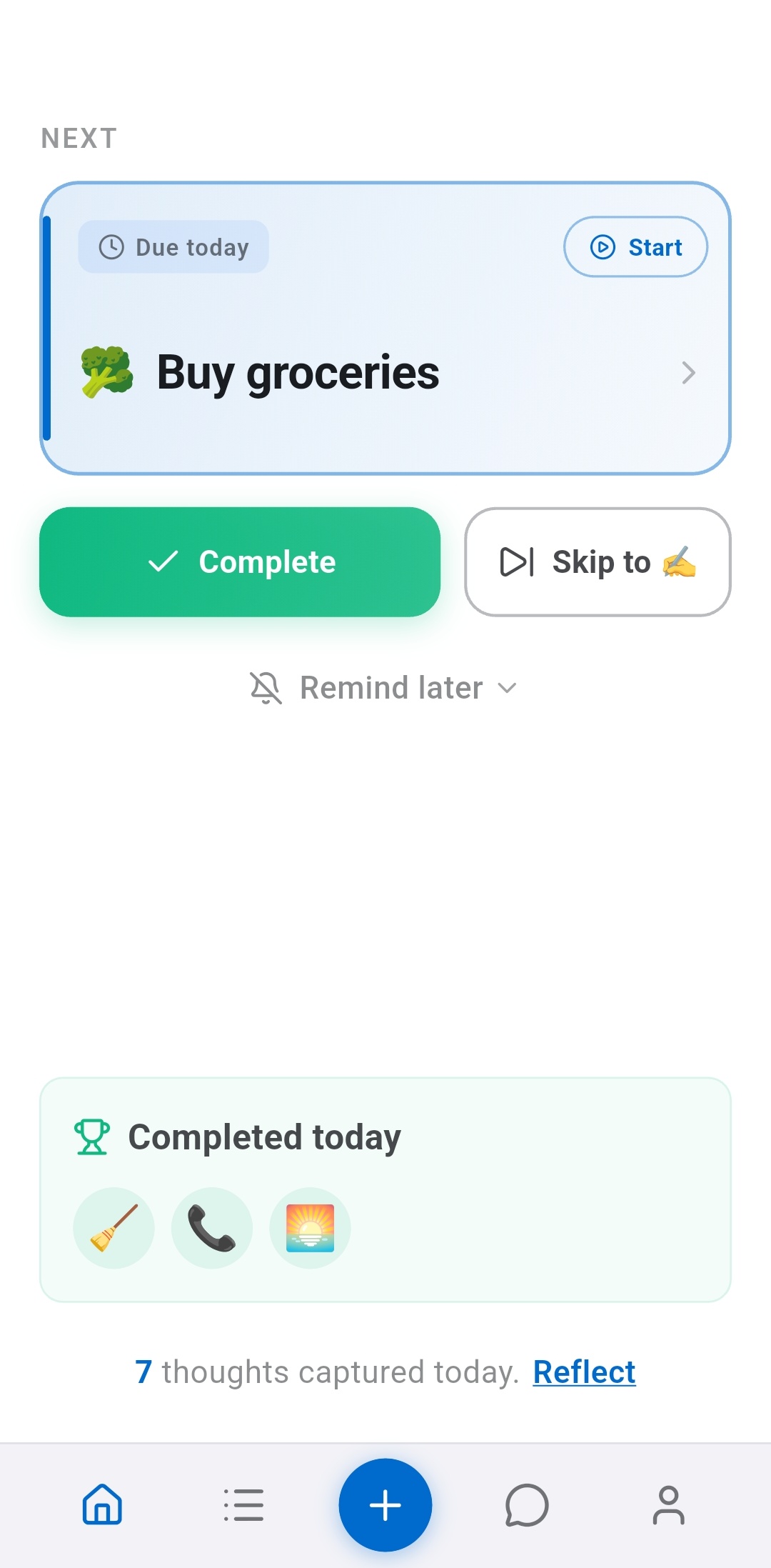 Recordo ADHD app home screen showing just one task at a time with Complete and Skip buttons - designed to remove decision fatigue from your morning routine