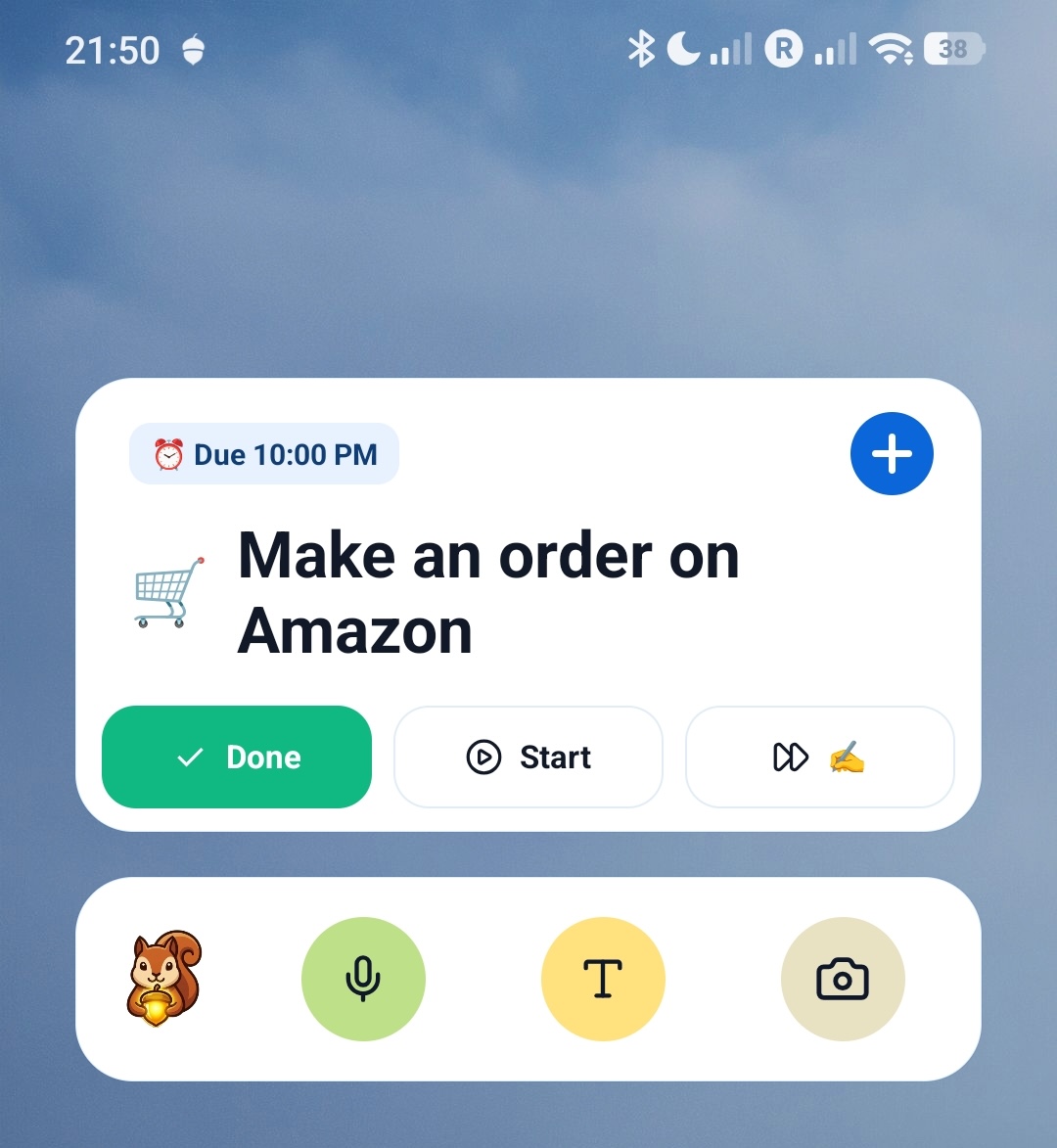 Recordo home screen widget showing next task and quick capture options