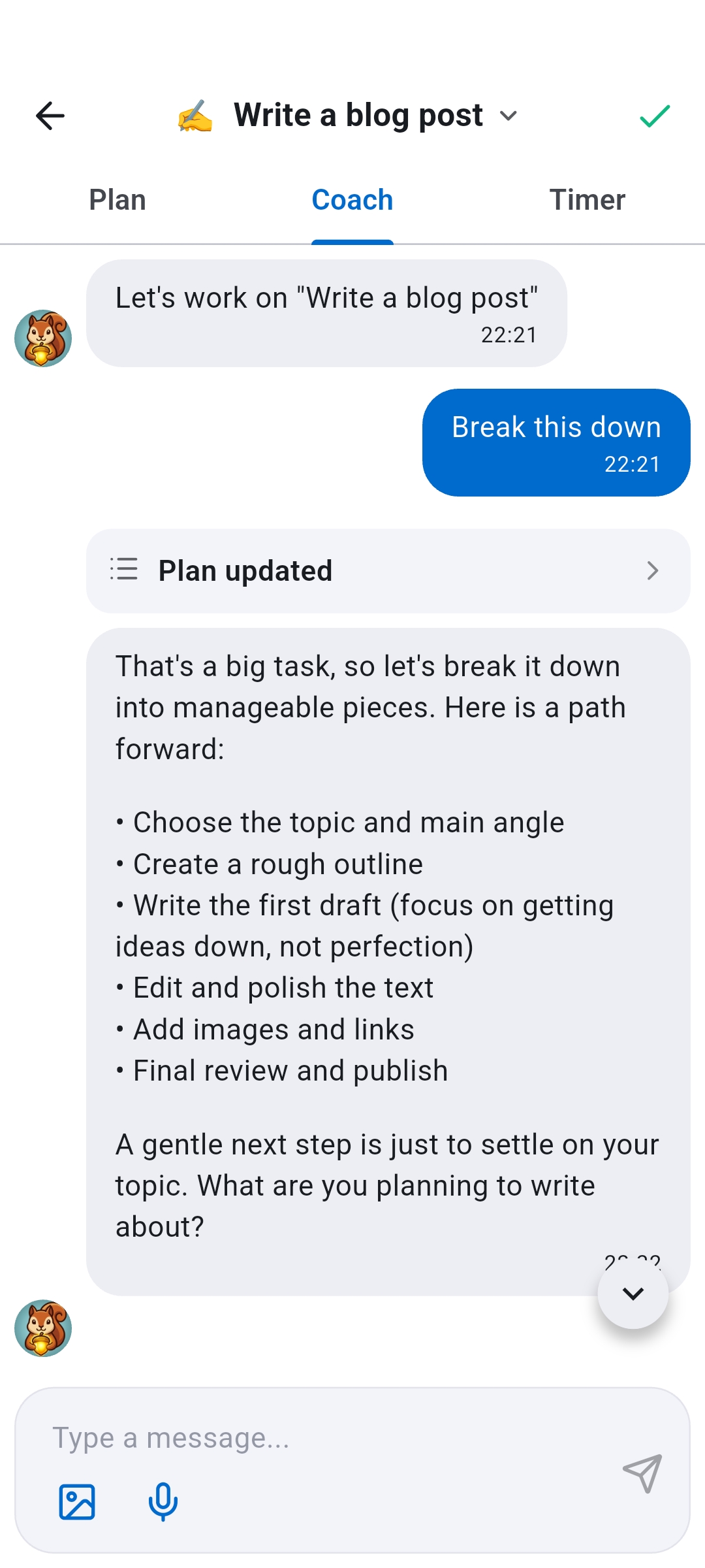 Recordo Momentum Mode Coach tab showing an AI conversation that breaks a task into smaller steps with Plan, Coach, and Timer tabs - helps you get back on track when you get stuck mid-routine