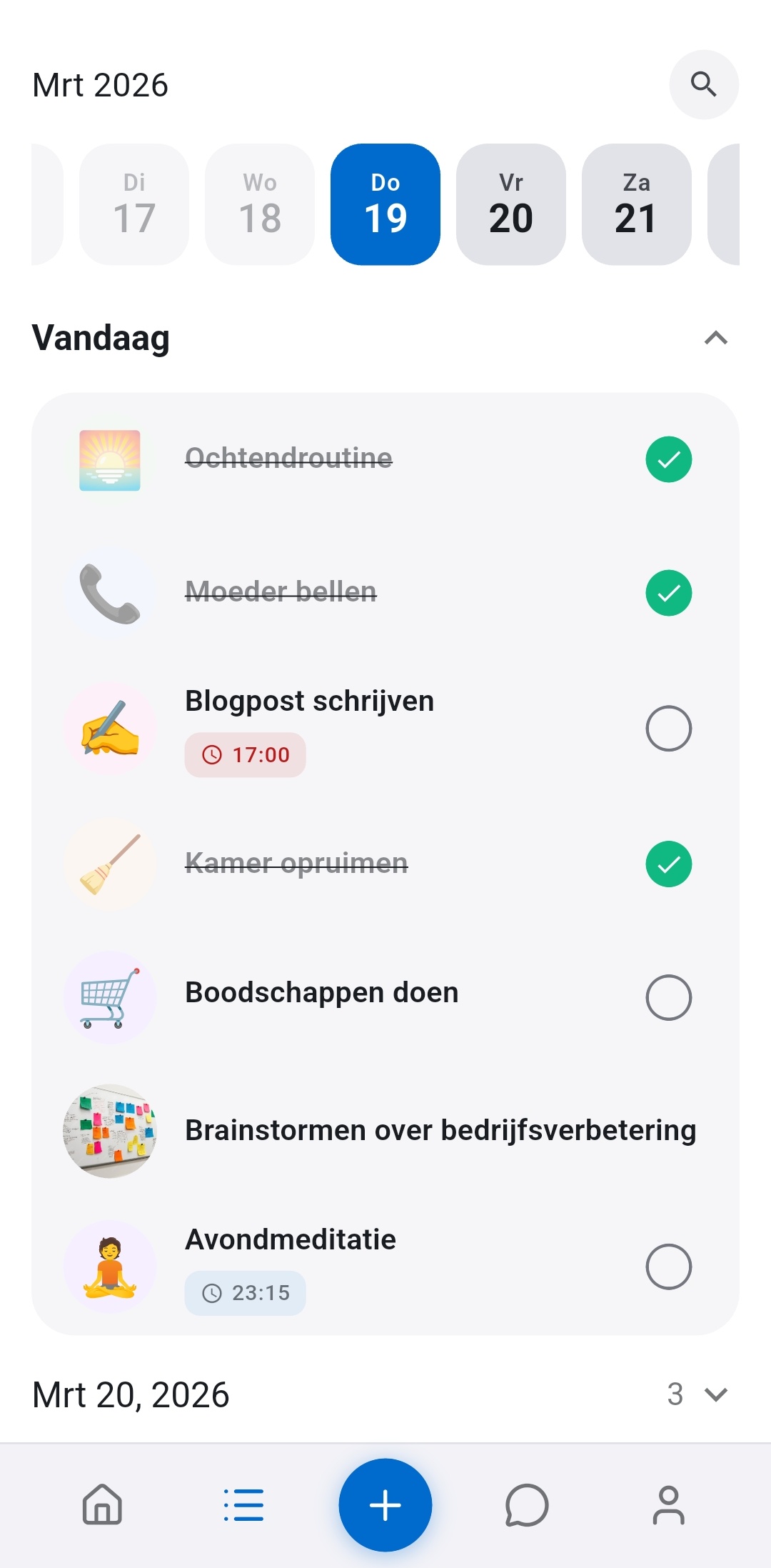 Recordo takenlijst met dagweergave met Ochtendroutine afgevinkt naast andere taken - routines rollen automatisch door zonder reeksschuldgevoel