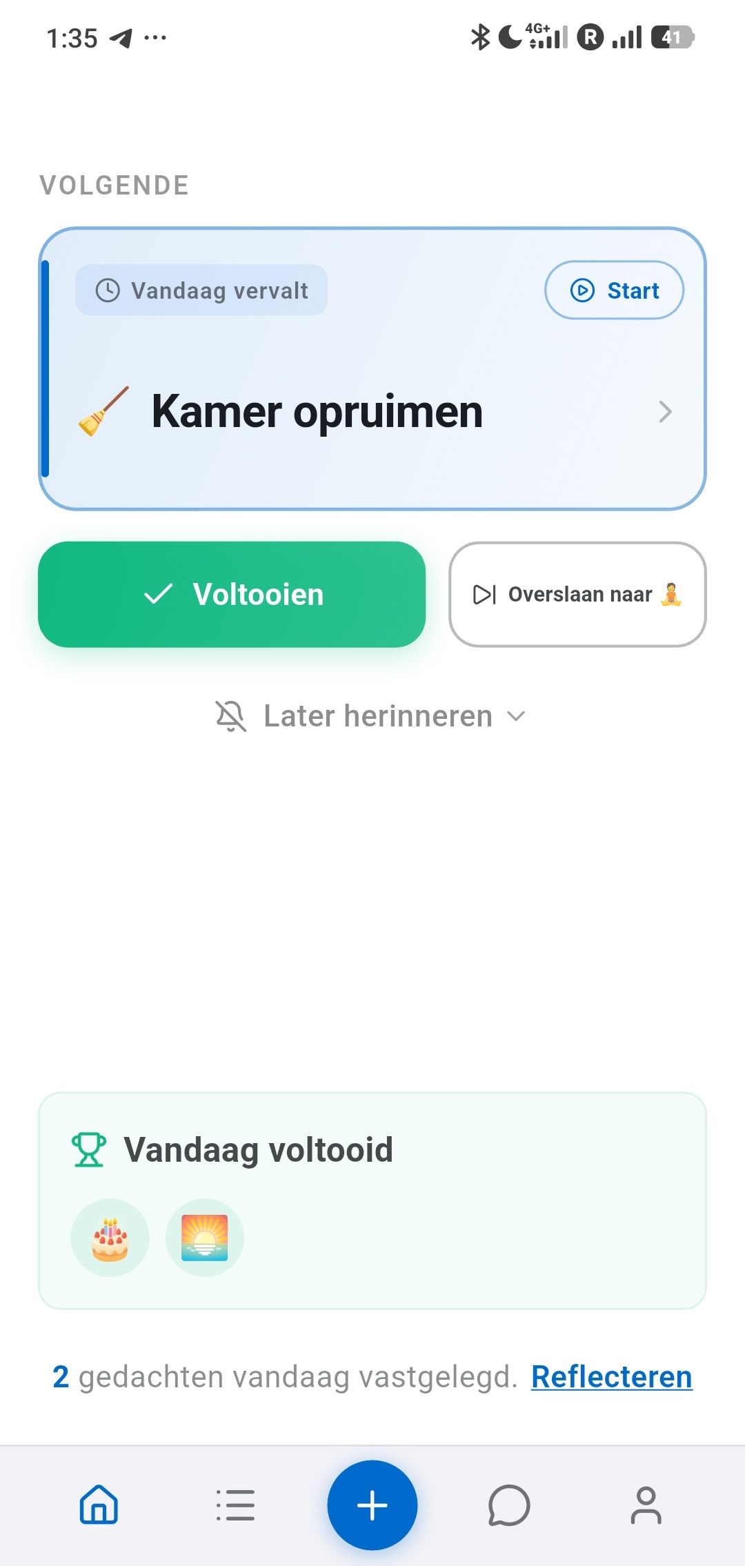 Recordo ADHD-app startscherm met slechts één taak tegelijk en knoppen voor Voltooien en Overslaan - ontworpen om keuzestress uit je ochtendroutine te halen