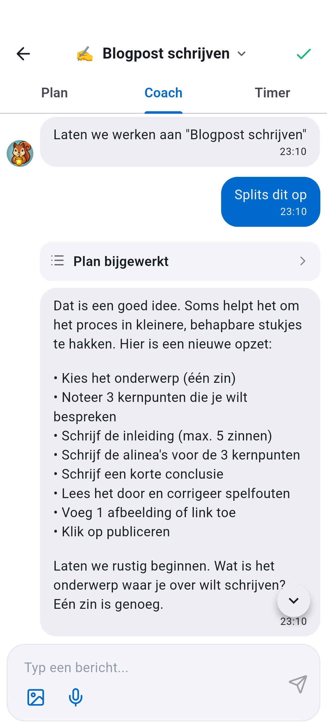 Recordo Momentum Mode Coach-tab met een AI-gesprek dat een taak opsplitst in kleinere stappen met Plan-, Coach- en Timer-tabs - helpt je weer op gang als je vastloopt halverwege je routine