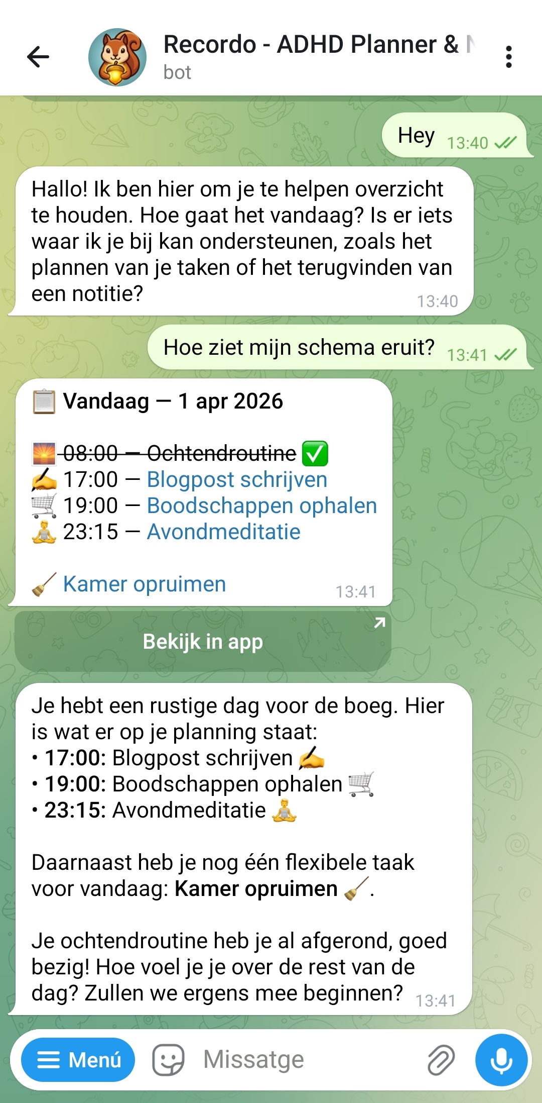 Telegram-chat met Recordo bot die een dagschemakaart toont voor 1 april 2026 met tijdgebonden taken zoals Ochtendroutine afgerond, Boodschappen ophalen om 19:00, Avondmeditatie om 23:15 en Blogpost schrijven zonder vast tijdstip - bot stelt voor waarmee te beginnen