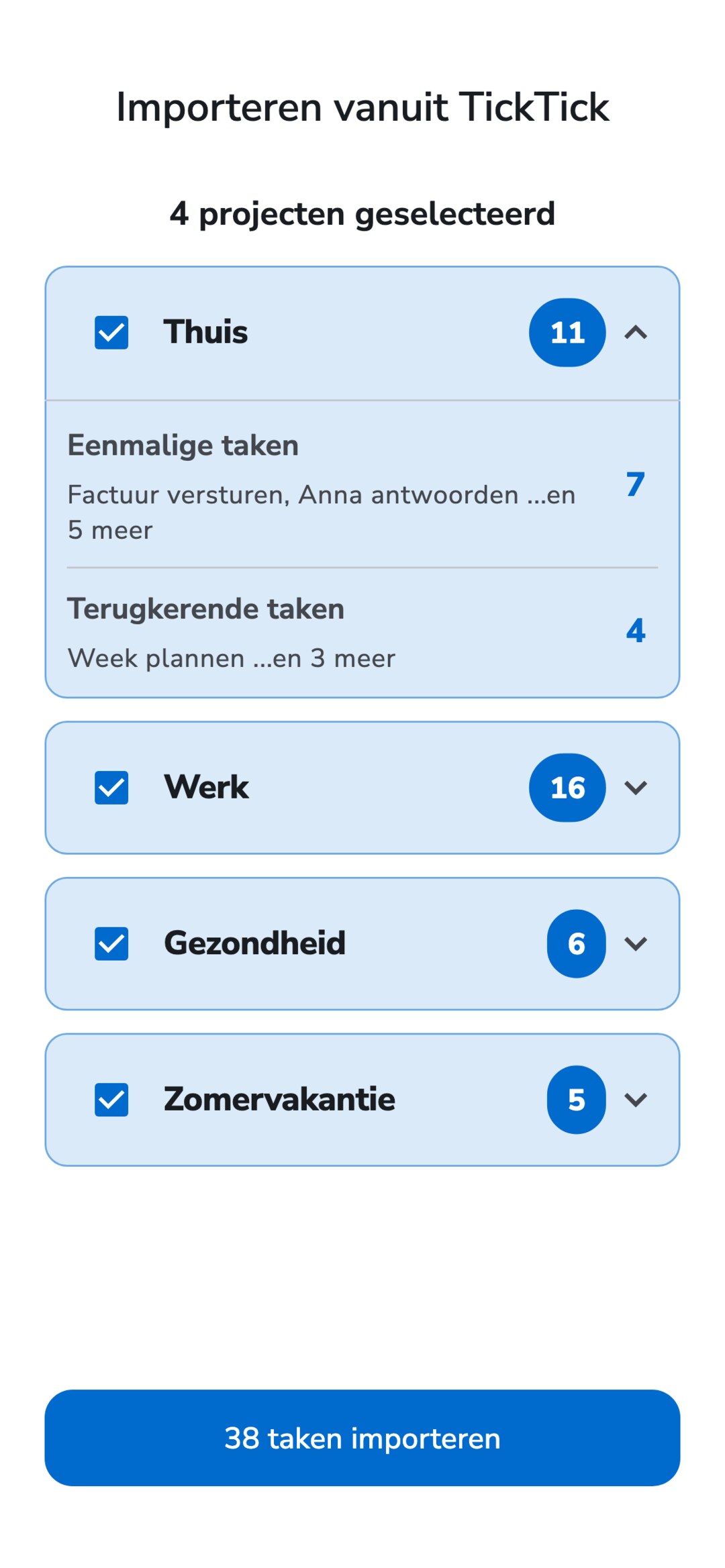 Recordo-scherm Importeren vanuit TickTick: vier TickTick-lijsten met het aantal taken, allemaal geselecteerd, de eerste opengeklapt met eenmalige en terugkerende taken, en een knop 38 taken importeren.