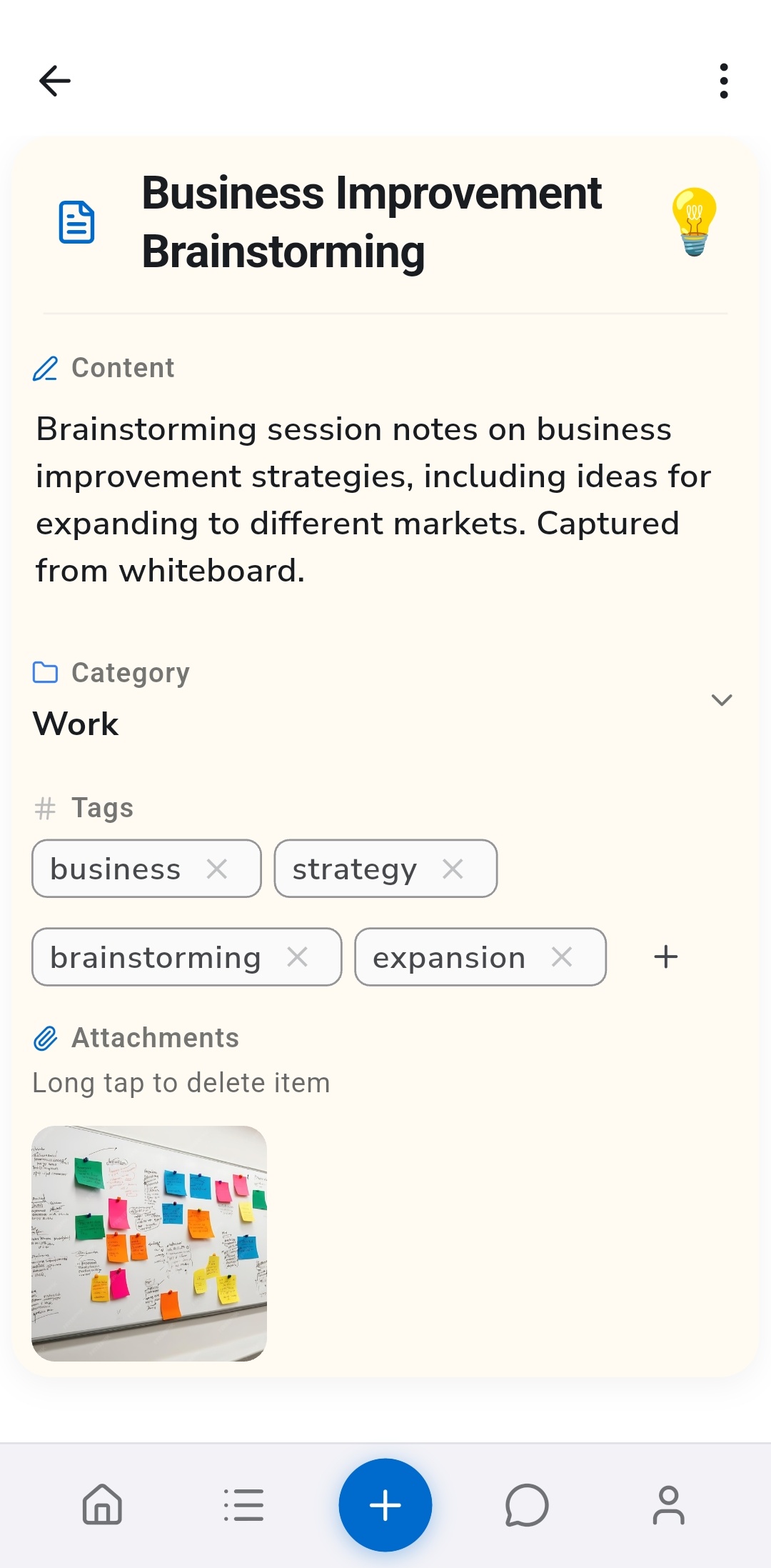 Recordo entry detail screen showing a note titled Business Improvement Brainstorming with AI-extracted structured fields: Content summary, Category set to Work, Tags including business, strategy, brainstorming, expansion, and an attached whiteboard photo
