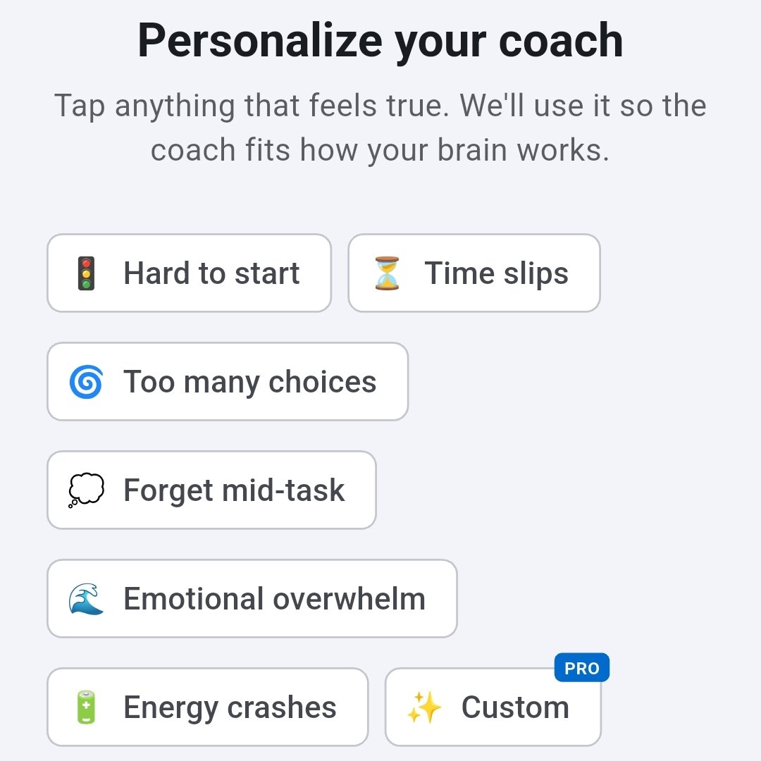 Recordo personalization screen with ADHD-specific coaching context options