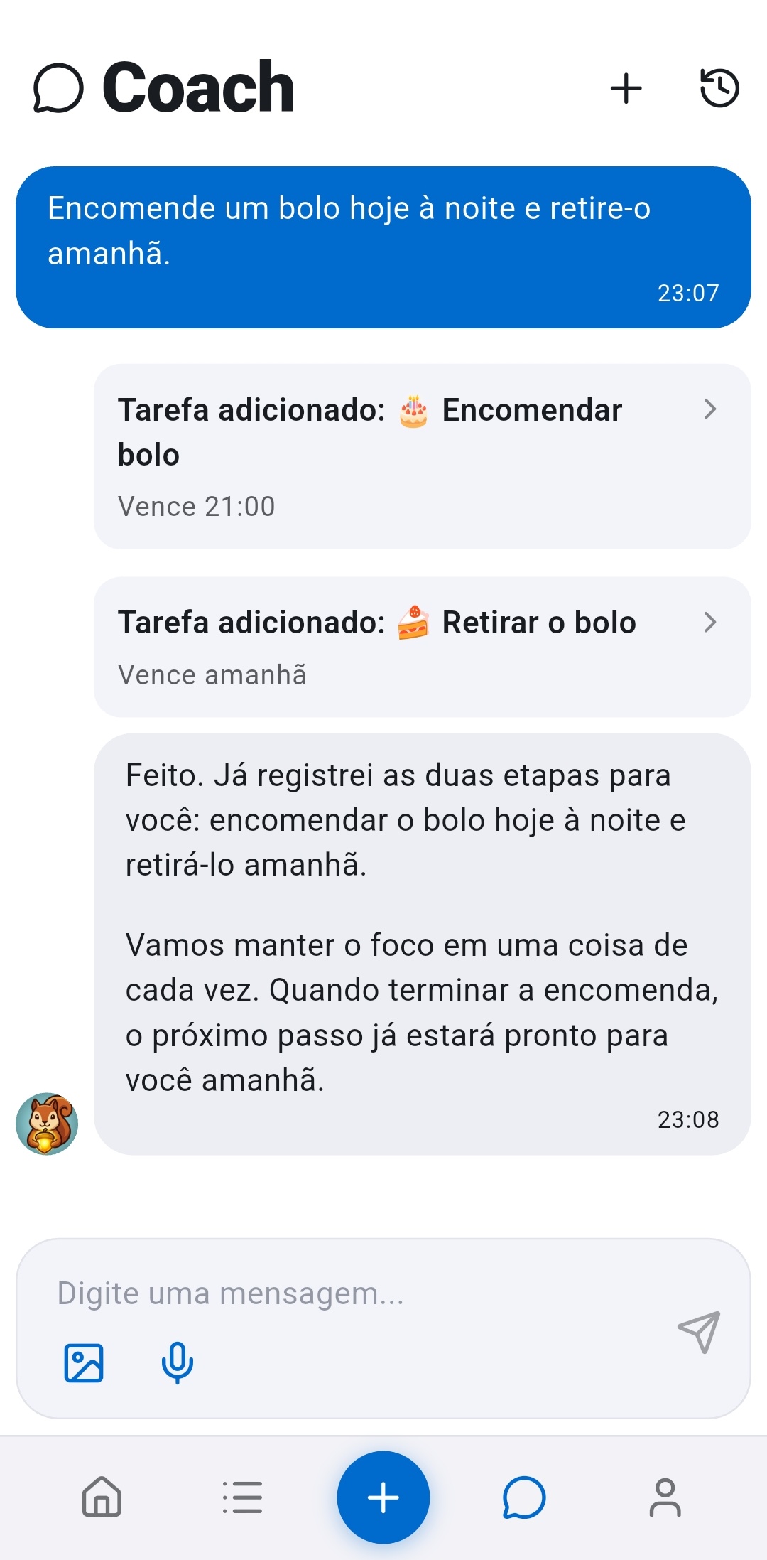 Chat de IA do Recordo mostrando mensagem do usuário Encomende um bolo esta noite e retire amanhã de manhã, com a IA criando duas tarefas separadas com datas corretas - fluxo captura-primeiro onde entrada desorganizada se transforma automaticamente em tarefas organizadas