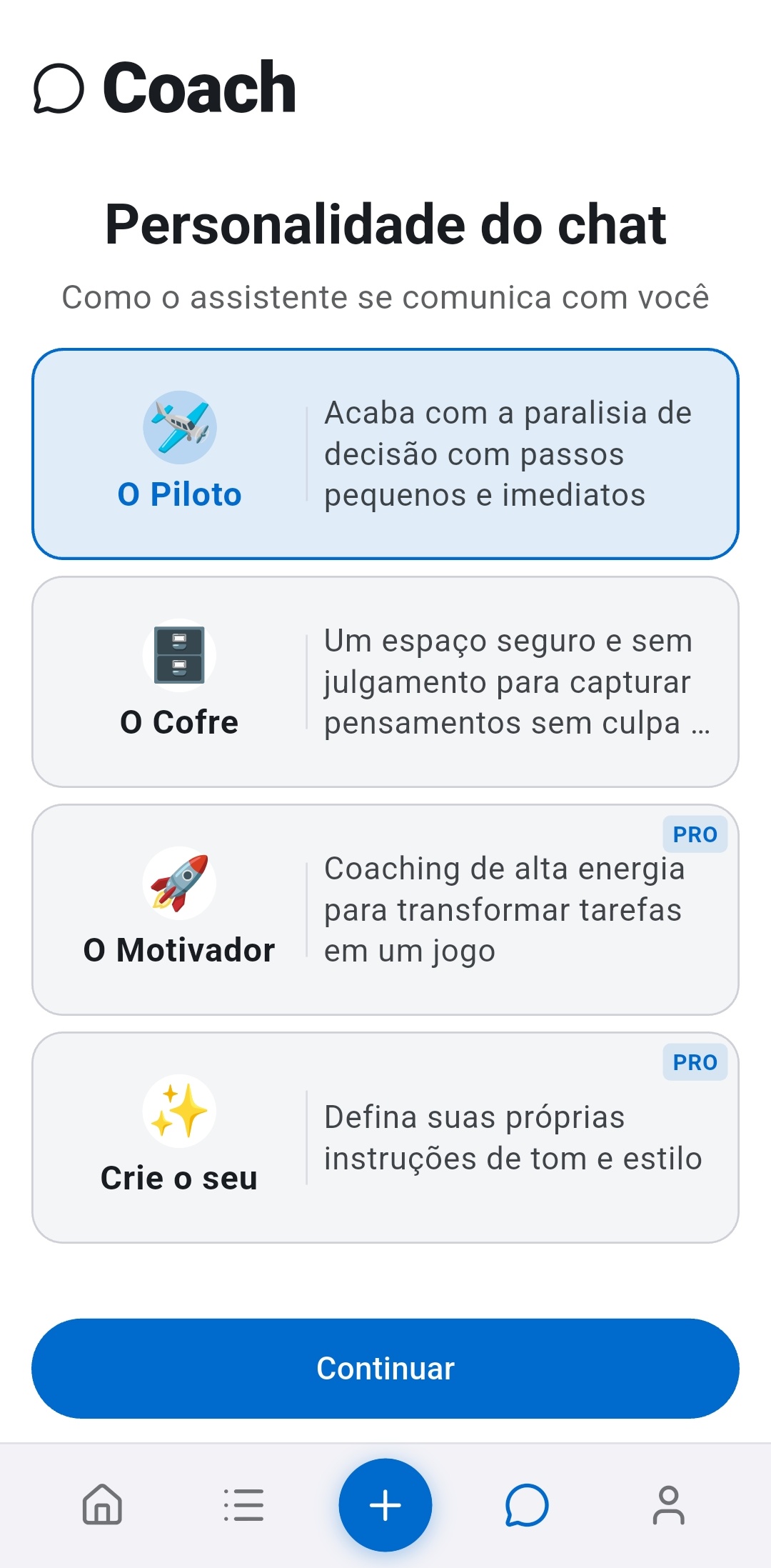 Seletor de personalidade do chat no Recordo