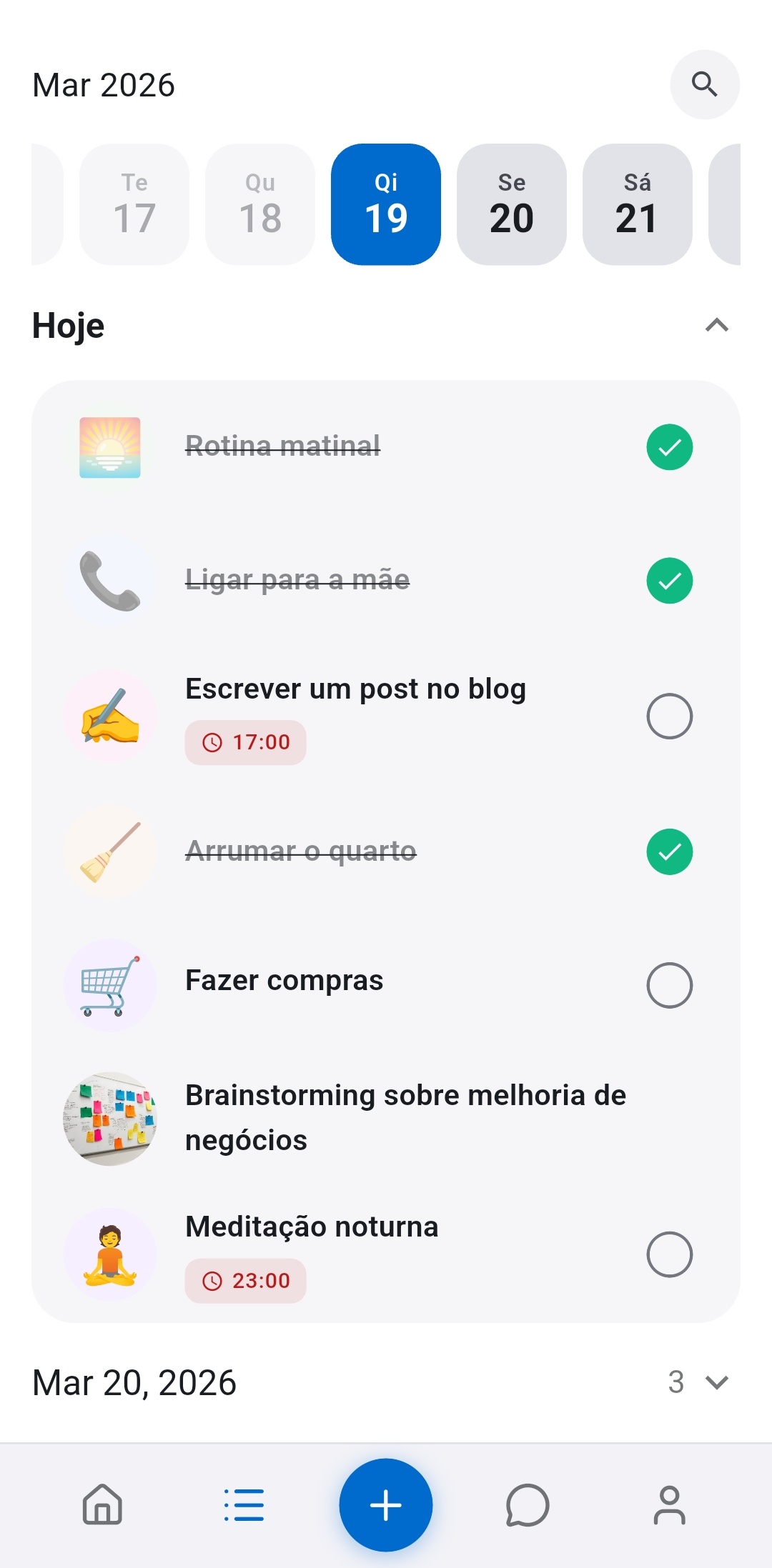 Lista de tarefas do Recordo mostrando a vis&atilde;o do dia com Rotina Matinal marcada junto com outras tarefas - rotinas avan&ccedil;am automaticamente sem culpa de sequ&ecirc;ncia