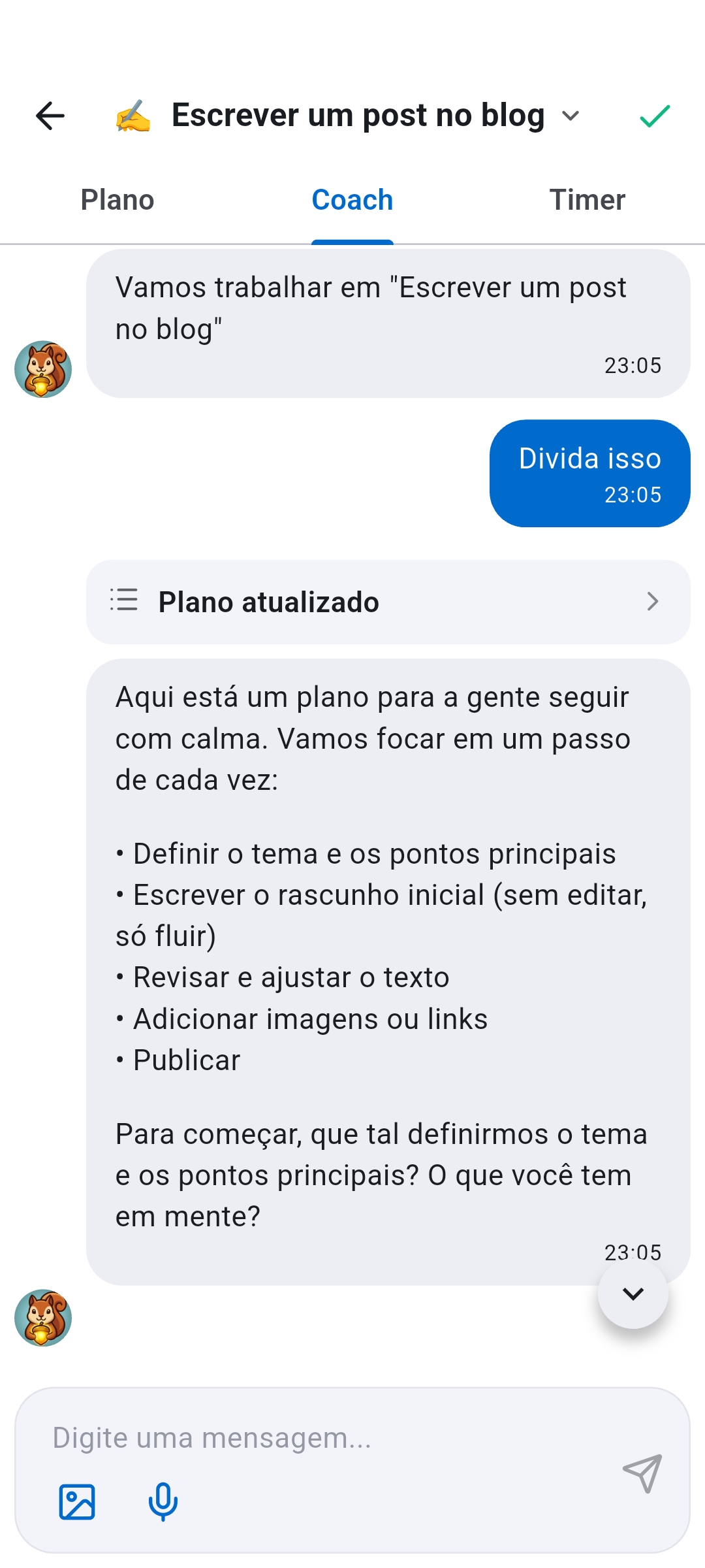 Aba Coach do Momentum Mode do Recordo mostrando uma conversa com IA que divide uma tarefa em passos menores, com abas Plano, Coach e Timer - ajuda voc&ecirc; a voltar aos trilhos quando trava no meio da rotina