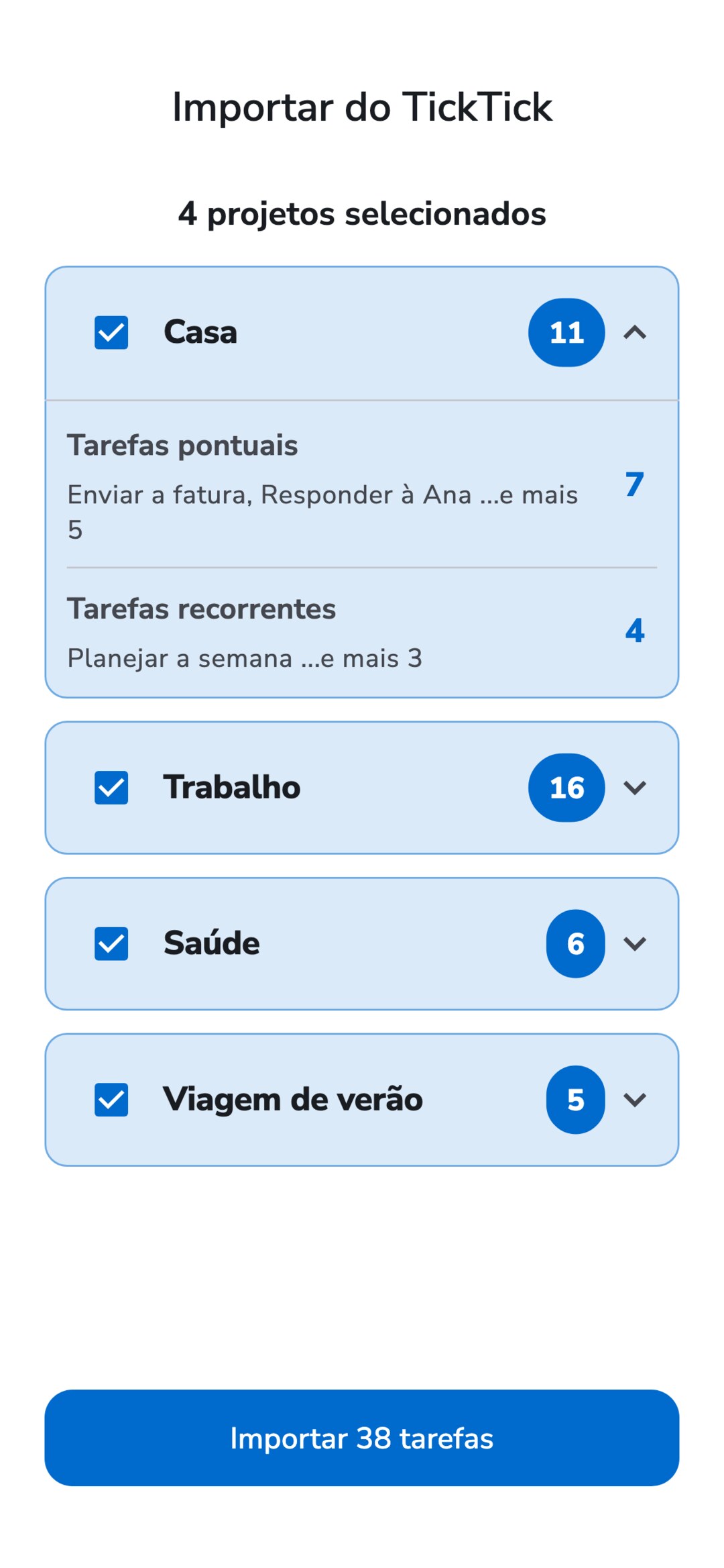 Tela Importar do TickTick do Recordo: quatro listas do TickTick com o número de tarefas, todas selecionadas, a primeira aberta com tarefas únicas e recorrentes, e um botão Importar 38 tarefas.