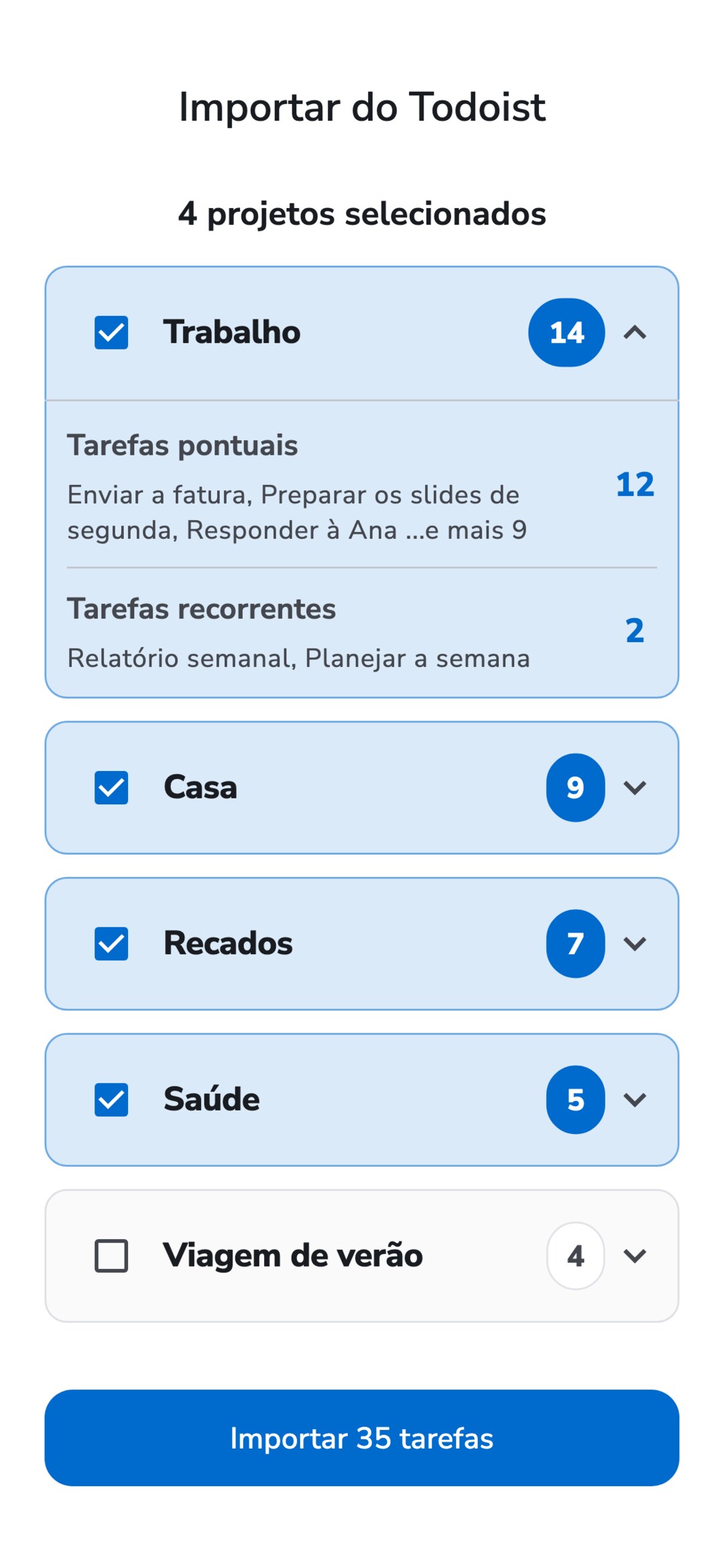 Tela “Importar do Todoist” do Recordo: cinco projetos do Todoist com o número de tarefas, quatro selecionados, o projeto Trabalho aberto com tarefas pontuais e recorrentes, e o botão “Importar 35 tarefas”.