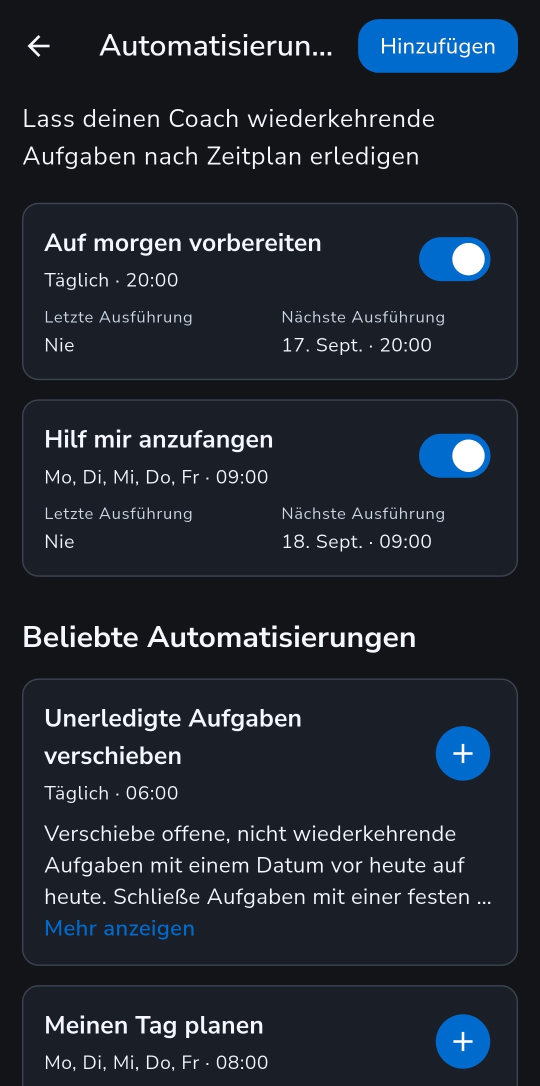 Liste der Recordo Automatisierungen mit den aktivierten Vorlagen Auf morgen vorbereiten und Hilf mir anzufangen