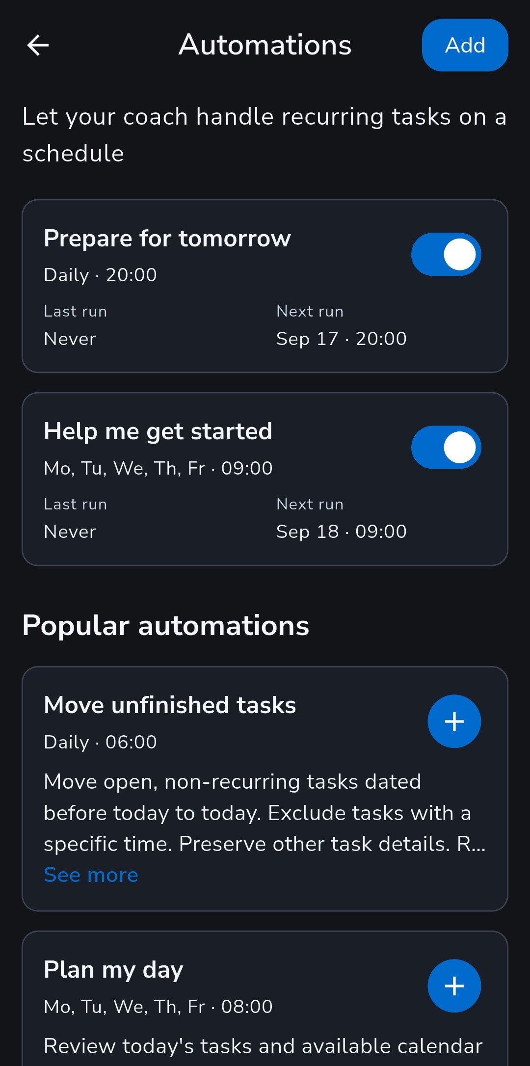 Recordo Automations list with Prepare for tomorrow and Help me get started enabled