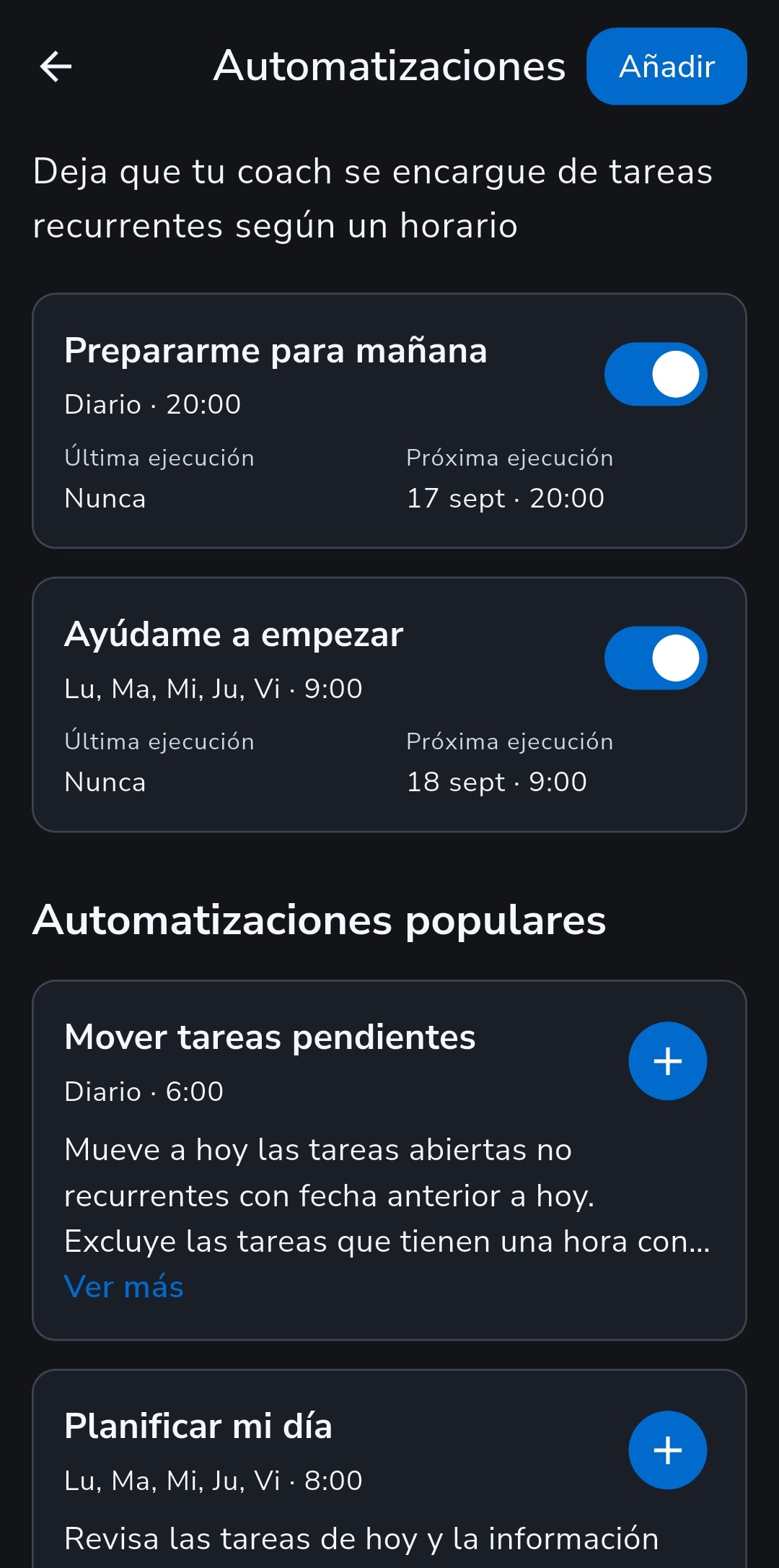 Lista de Automatizaciones de Recordo con Prepararme para mañana y Ayúdame a empezar activadas
