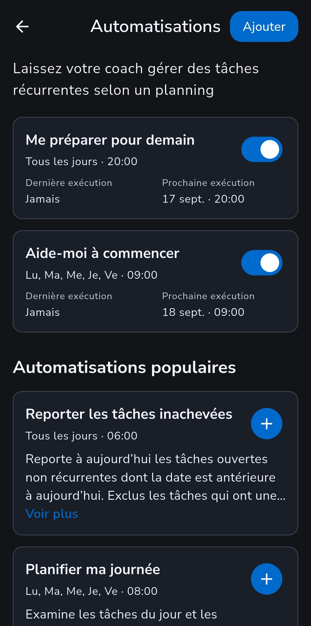 Liste des Automatisations Recordo avec Me préparer pour demain et Aide-moi à commencer activées, sans exécution passée