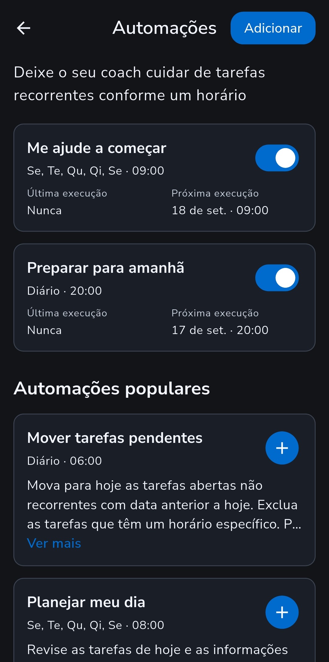 Lista de Automações do Recordo com Preparar para amanhã e Me ajude a começar ativadas
