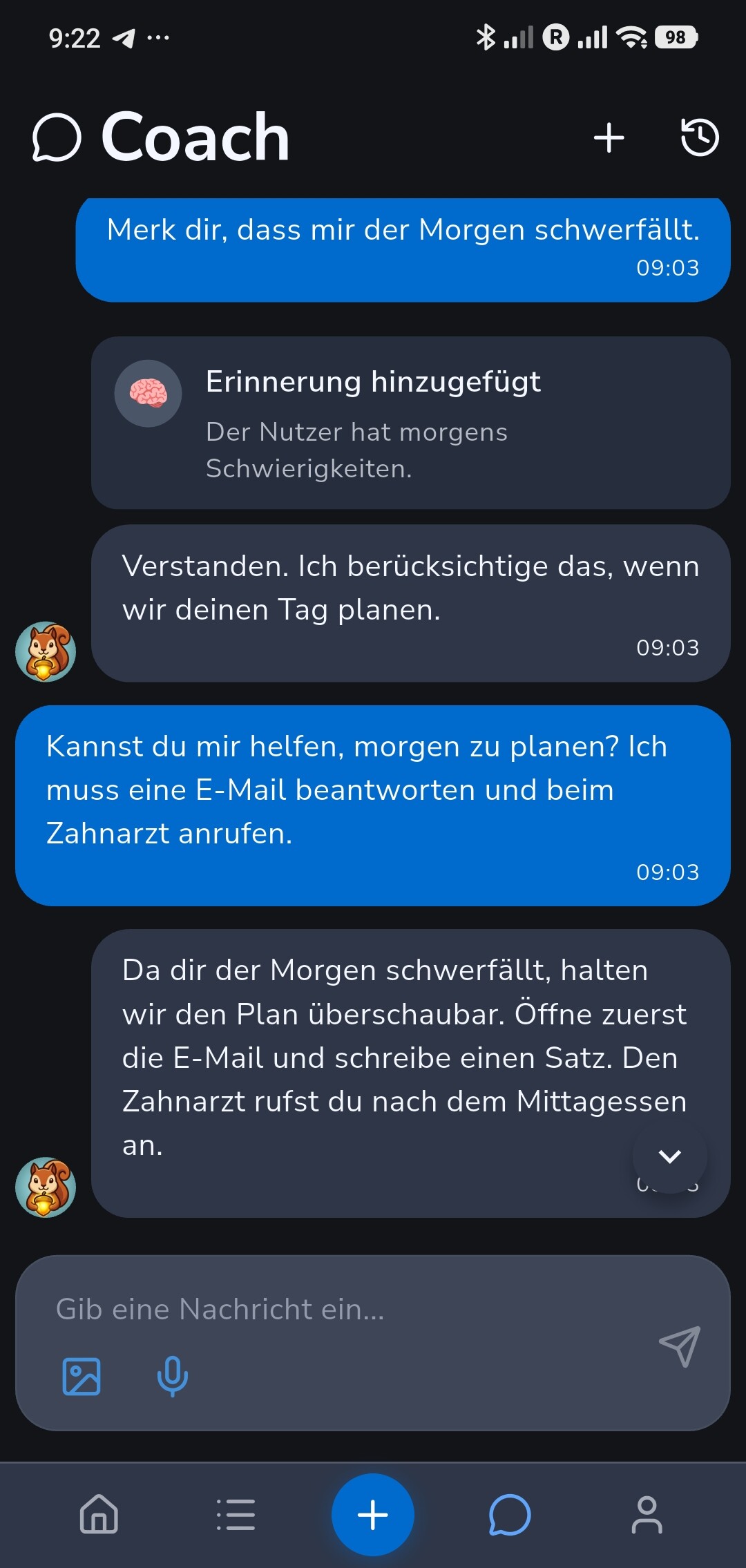 Recordo Coach merkt sich, dass der Morgen schwierig ist, und verwendet dieses Detail in einem späteren Plan